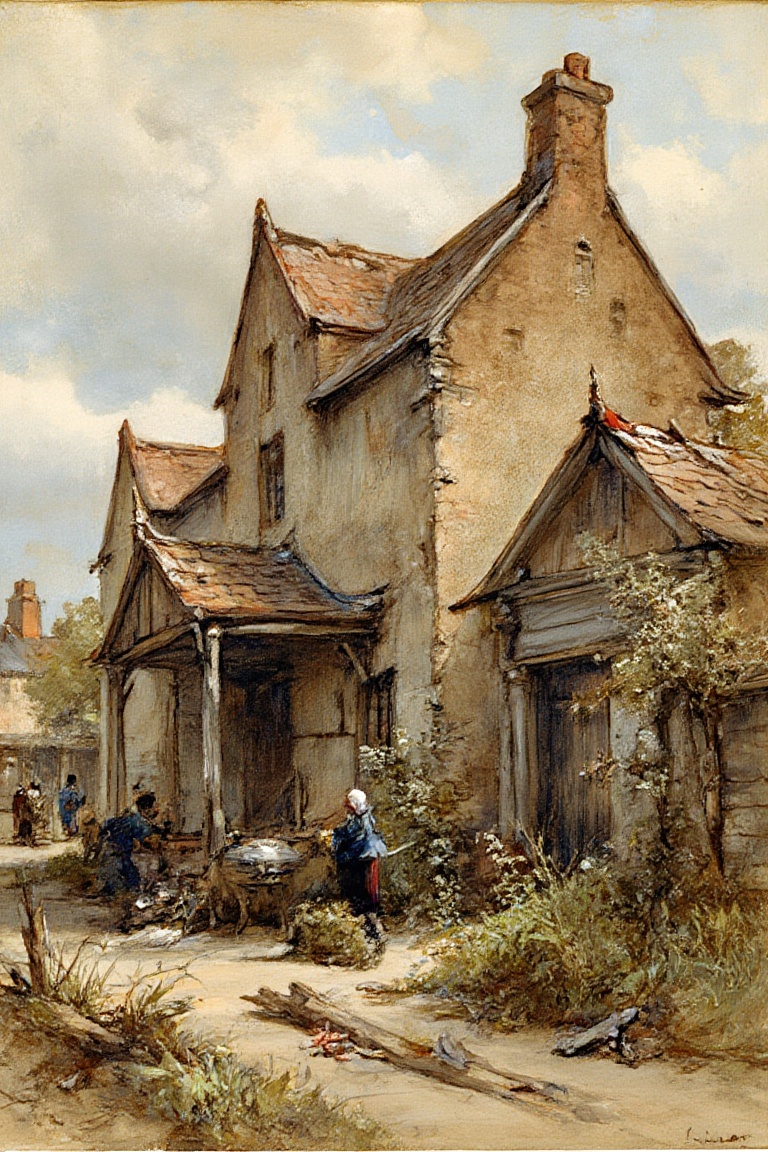 "Create a rough and dilapidated painting of a peasant farmer’s house in the English countryside,  reflecting extreme pover...