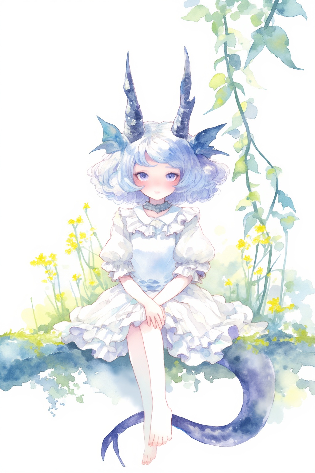 watercolor \(medium\), 1girl, solo, sitting, dress, short hair, looking at viewer, short sleeves, purple eyes, flower, frills, puffy sleeves, plant, white dress, horns, expressionless, white background, puffy short sleeves, closed mouth, head wings, bangs, white hair, frilled dress, yellow flower, feet out of frame, tree, blue hair, simple background, frilled sleeves, hands on lap, swept bangs, choker, breasts, leaf, painting (medium), blue theme, dragon horns, v arms, small breasts, bare legs, outdoors, head fins, dragon girl, blue eyes, hand between legs, wavy hair, animal ears, between legs, parted bangs, wings, branch
