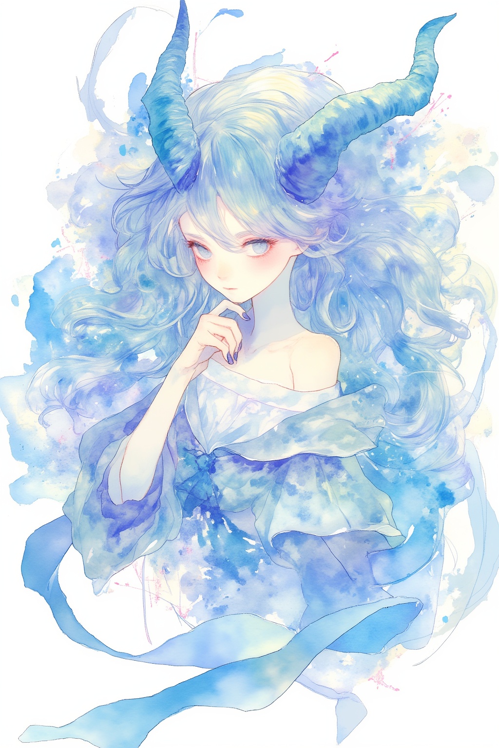 watercolor \(medium\), 1girl, solo, horns, looking at viewer, long hair, upper body, hand up, blue hair, white background, painting (medium), blue eyes, closed mouth, simple background, nail polish, blue nails, collarbone, aqua eyes, long sleeves, shirt, blue theme, blush, fingernails, bangs, wide sleeves, expressionless, aqua hair, off shoulder, wavy hair, thick eyebrows, ribbon, dragon, purple nails, grey hair, bare shoulders, hand on own chin, portrait