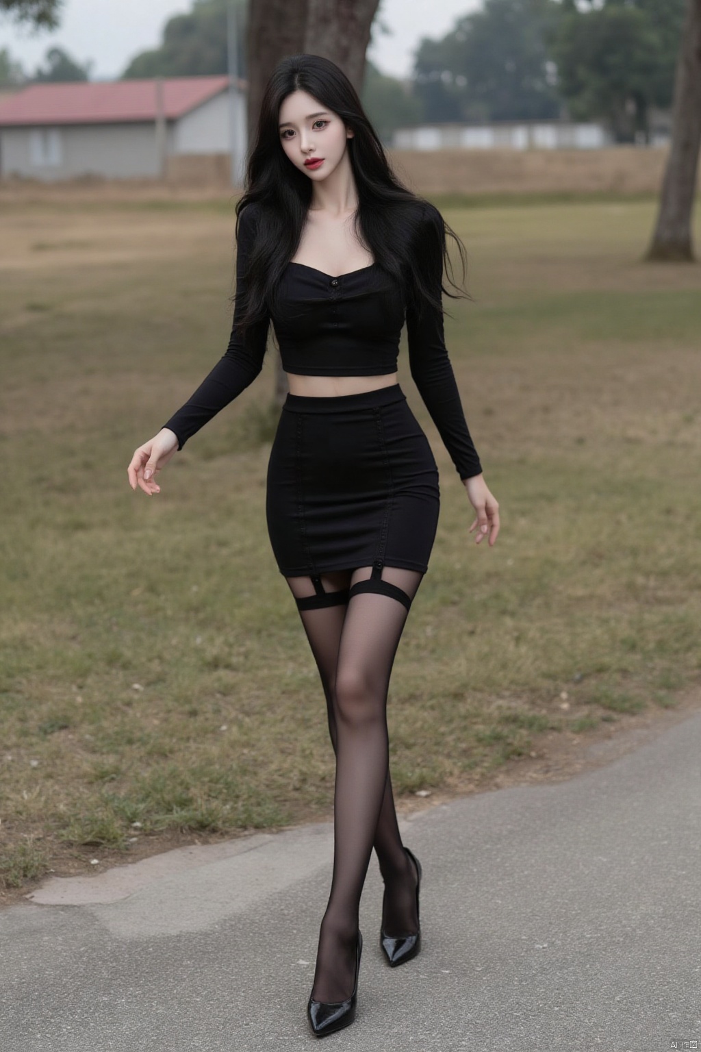 1girl, solo, long hair, breasts, skirt, shirt, black hair, hair ornament, thighhighs, long sleeves, navel, standing, full body, outdoors, midriff, black thighhighs, black skirt, black footwear, high heels, black shirt, makeup, garter straps, lipstick, pencil skirt, walking, red lips,,A young and beautiful Asian girl,black pantyhose