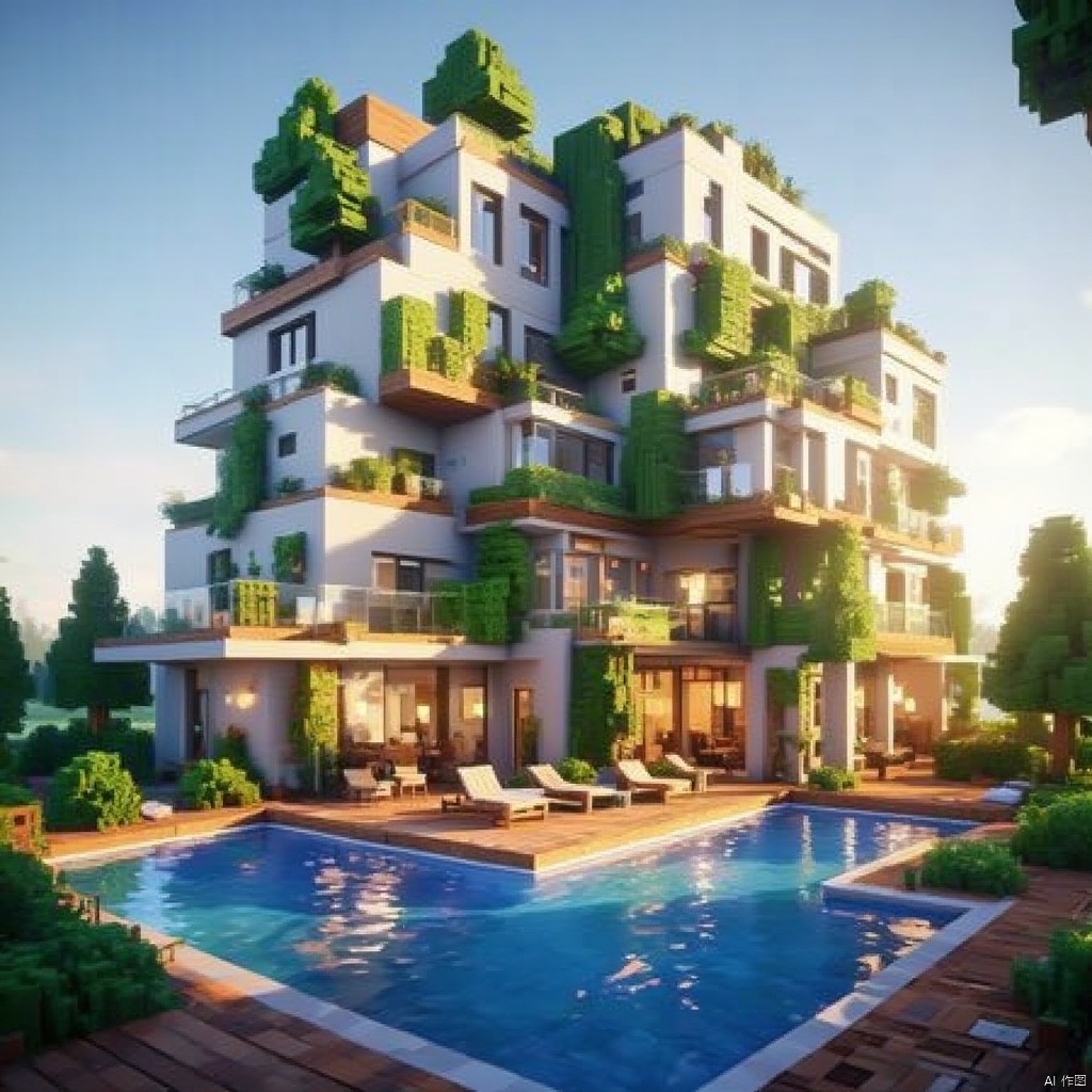 MC style,a 3D view of a multi-story building,adorned with green plants,stands out against a backdrop of a clear blue sky. The building's facade is adorned with a,variety of lights,adding a pop of color to the scene. The pool,vibrant shade of blue,reflects the sun,creating a peaceful and serene atmosphere.