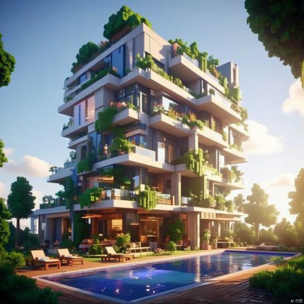 MC style,a 3D view of a multi-story building,adorned with green plants,stands out against a backdrop of a clear blue sky. The building's facade is adorned with a,variety of lights,adding a pop of color to the scene. The pool,vibrant shade of blue,reflects the sun,creating a peaceful and serene atmosphere.
