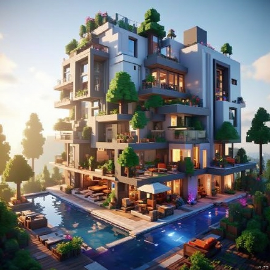 MC style,a 3D view of a multi-story building,adorned with green plants,stands out against a backdrop of a clear blue sky. The building's facade is adorned with a,variety of lights,adding a pop of color to the scene. The pool,vibrant shade of blue,reflects the sun,creating a peaceful and serene atmosphere.