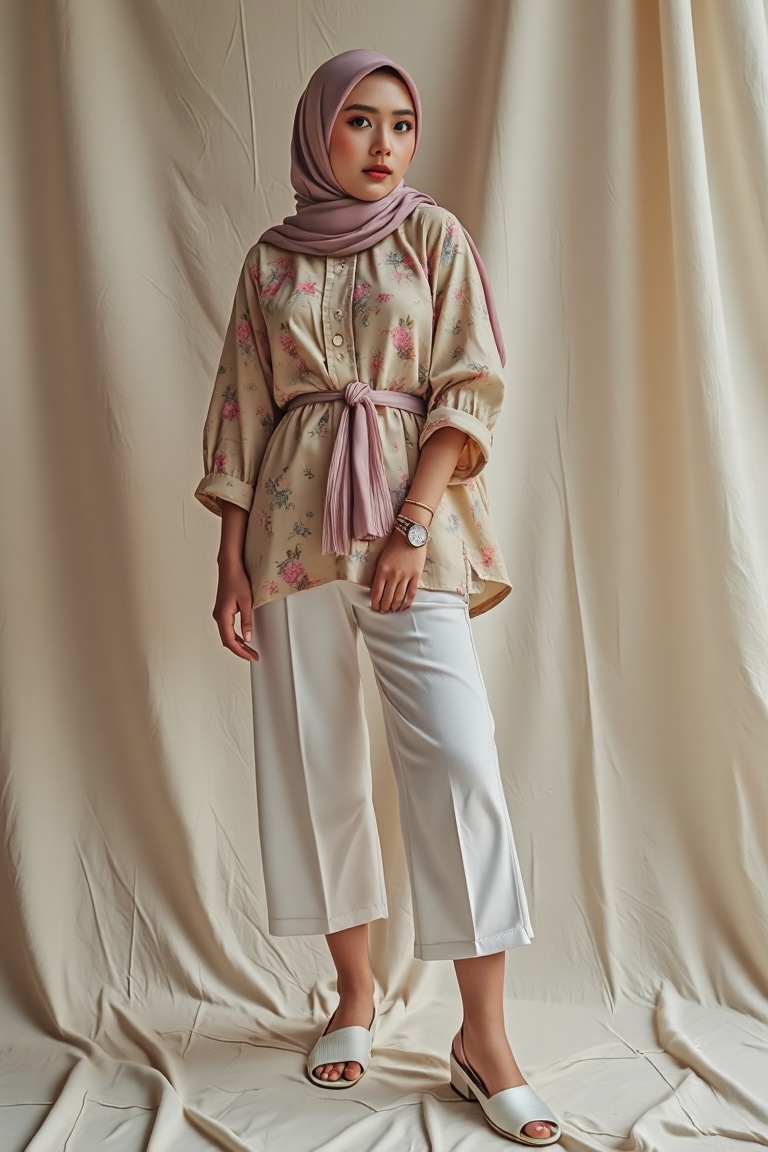 captivating magazine photo cover for GADIS featuring a stylish Malay woman wearing a hijab and loose baju kurung. Mid-shot...