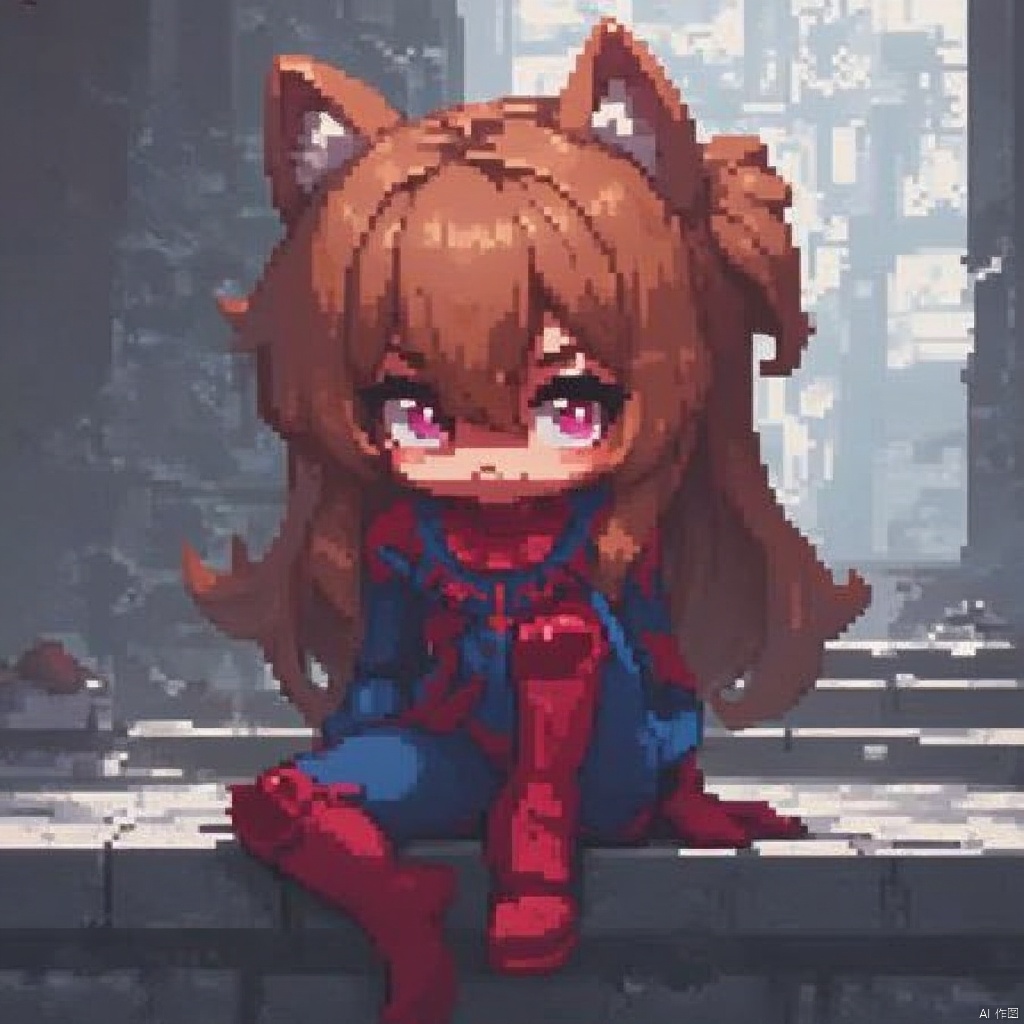 Pixel-art,a cartoon girl with long brown hair,wearing a spiderman costume and red boots,is sitting on a gray stone bench. The girl's costume is reminiscent of a spider-man costume,with a blue and red shirt underneath. Her hair is tied in a ponytail,adding a pop of color to the scene. The background is a gray brick wall,with white lines running across it,creating a stark contrast to the gray wall.