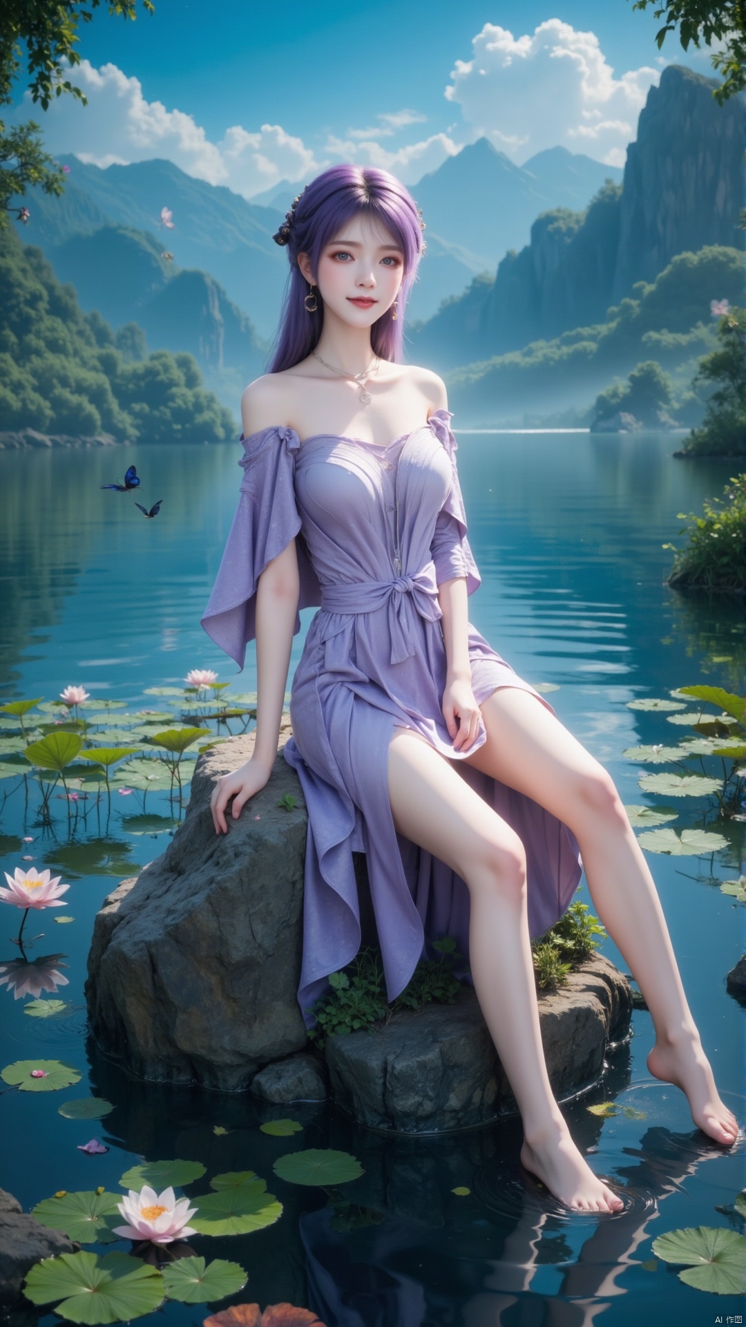 Depth of field, ultra clear, 8k, well structured, masterpiece, surrealism, details, textures, atmosphere
A girl sitting on a stone, with perfect body proportions, dynamic posture, purple hair, purple dress, necklace, earrings, jewelry, off the shoulder, barefoot, blue eyes, and a slight smile,
During the day, blue sky, clear lake water, lotus flowers, stones, fallen leaves, leaves and petals on the water surface, butterflies, mountains