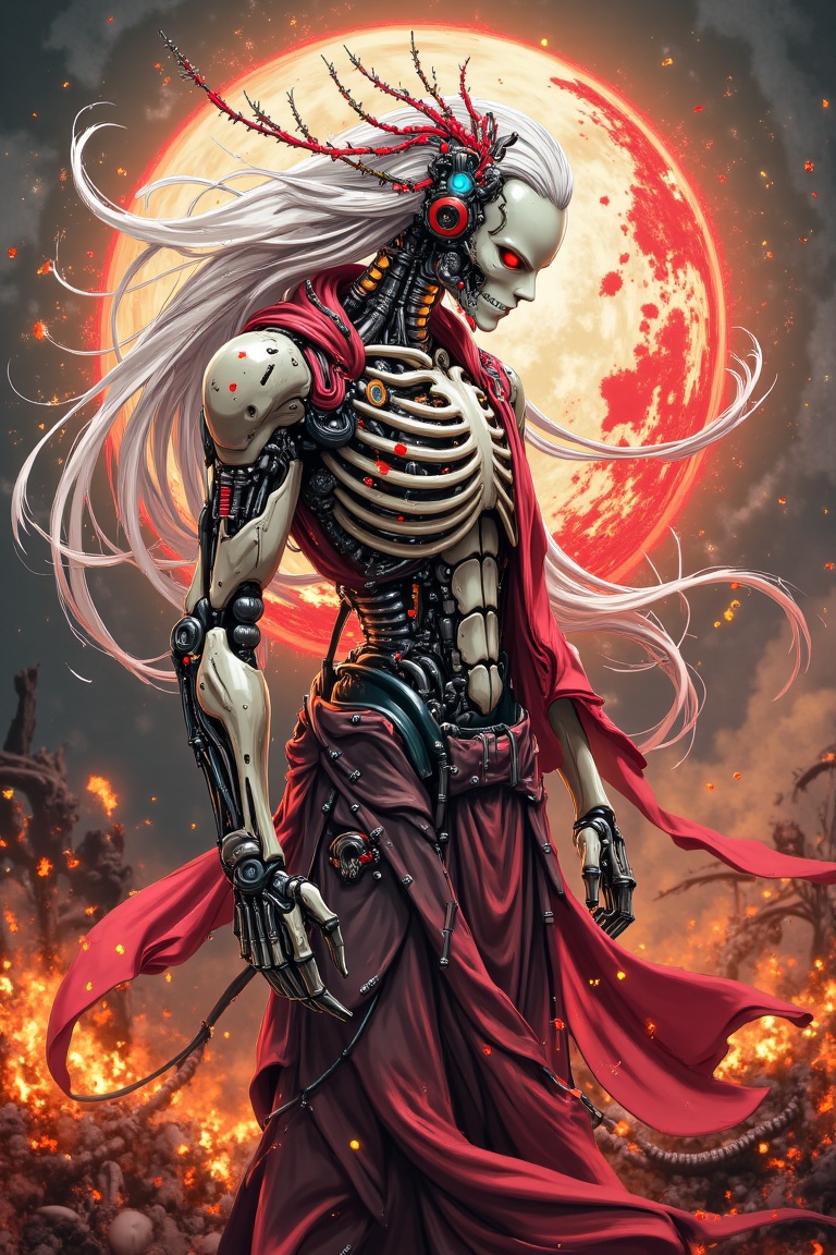 A cyborg in hanfu outfit,  fire burning,  larva scene background on Tensor.Art