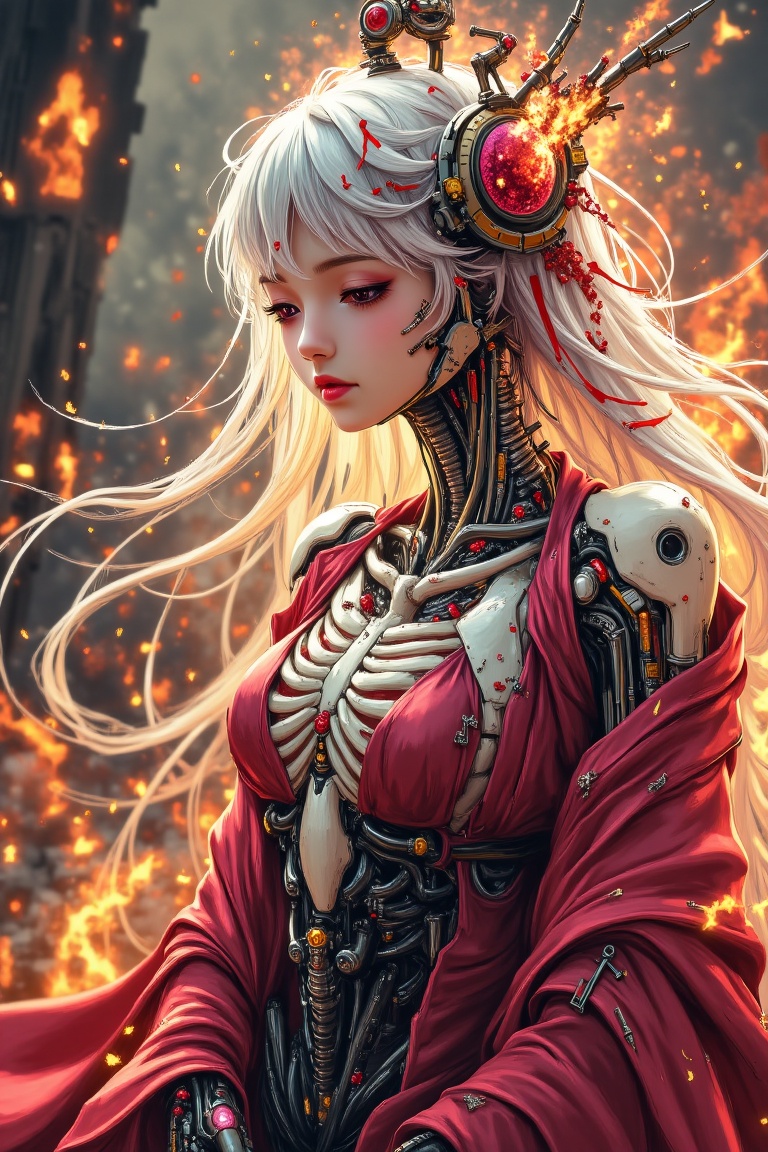 A female cyborg in woman hanfu outfit,  fire burning,  larva scene background on Tensor.Art