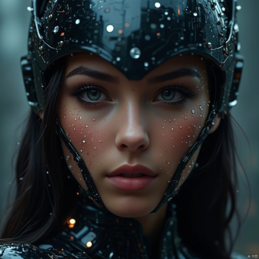 Chip implantation,a close-up shot of a woman's face is adorned with water droplets. The woman's eyes are a piercing blue,her eyebrows are a darker shade of brown,and her lips are a lighter shade of pink. Her hair is a dark brown,cascading down her shoulders. She is wearing a black helmet,adorned with white dots,adding a touch of contrast to her outfit. The background is blurred,creating a stark contrast to the woman's outfit