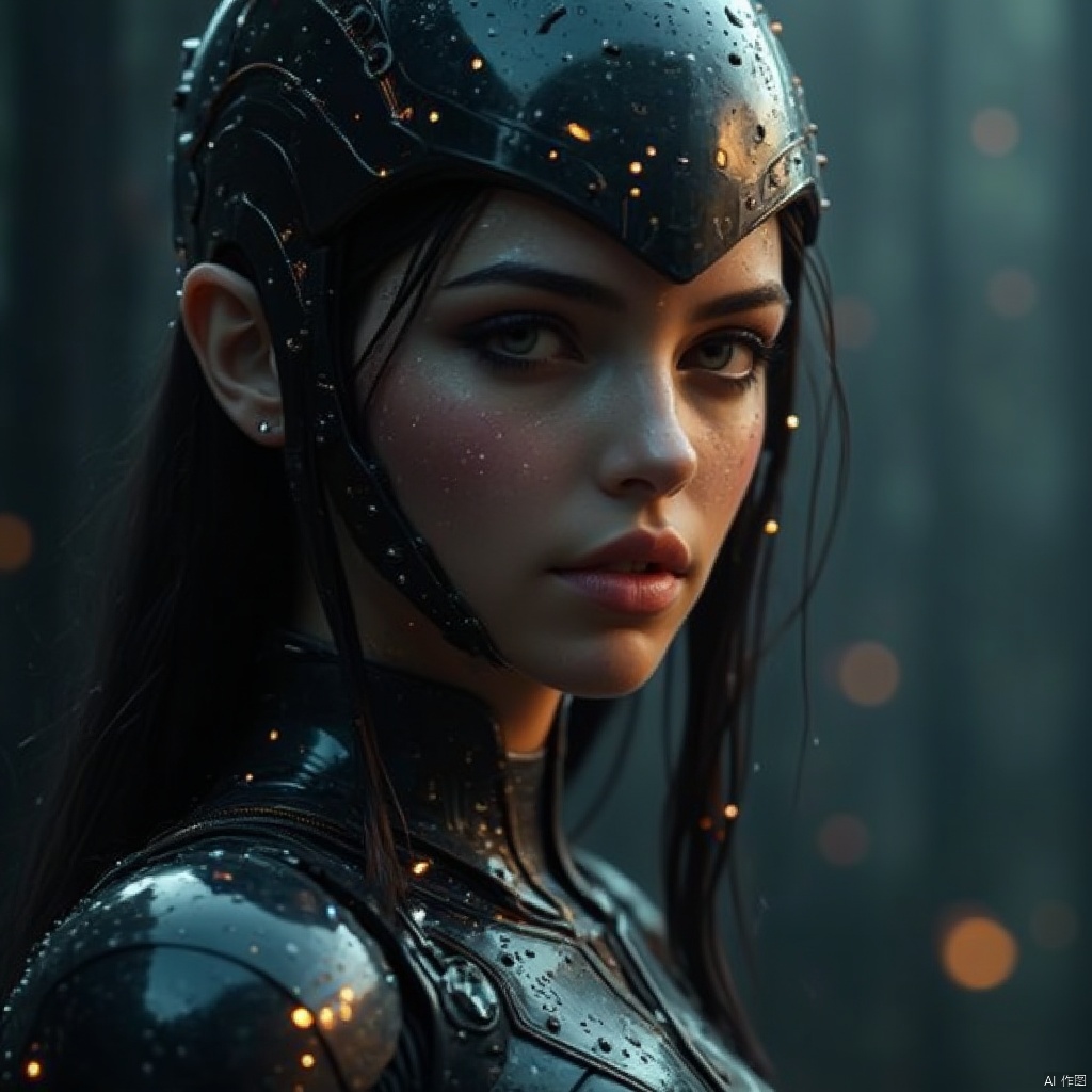 Chip implantation,a close-up shot of a woman's face is adorned with water droplets. The woman's eyes are a piercing blue,her eyebrows are a darker shade of brown,and her lips are a lighter shade of pink. Her hair is a dark brown,cascading down her shoulders. She is wearing a black helmet,adorned with white dots,adding a touch of contrast to her outfit. The background is blurred,creating a stark contrast to the woman's outfit