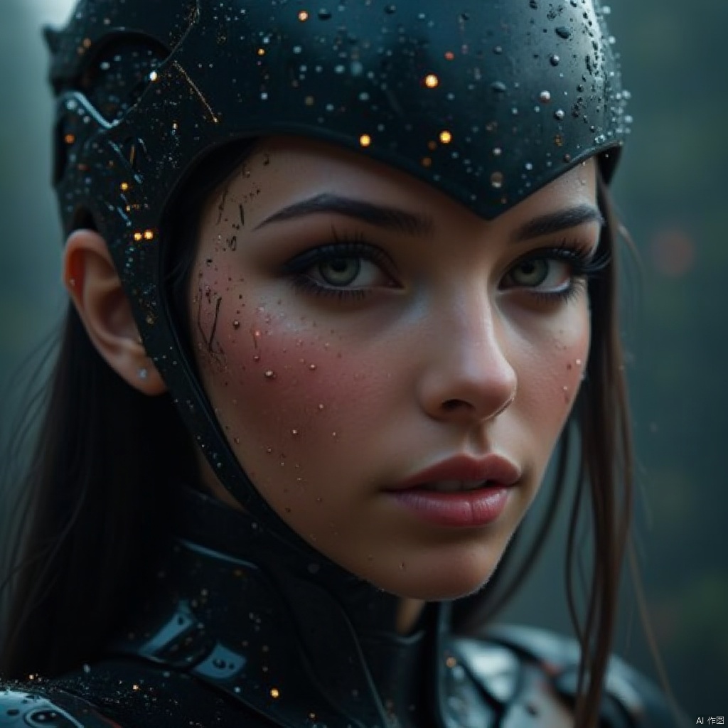 Chip implantation,a close-up shot of a woman's face is adorned with water droplets. The woman's eyes are a piercing blue,her eyebrows are a darker shade of brown,and her lips are a lighter shade of pink. Her hair is a dark brown,cascading down her shoulders. She is wearing a black helmet,adorned with white dots,adding a touch of contrast to her outfit. The background is blurred,creating a stark contrast to the woman's outfit