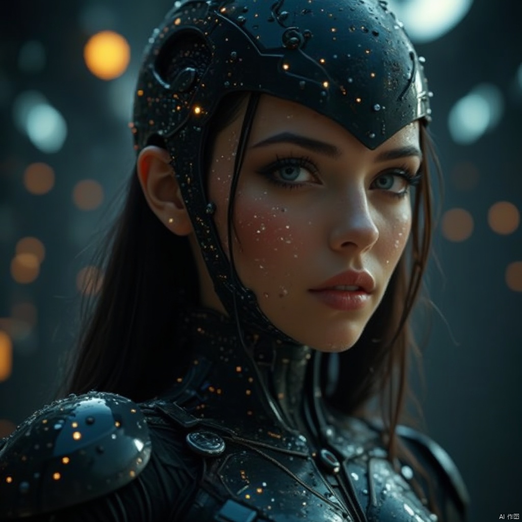 Chip implantation,a close-up shot of a woman's face is adorned with water droplets. The woman's eyes are a piercing blue,her eyebrows are a darker shade of brown,and her lips are a lighter shade of pink. Her hair is a dark brown,cascading down her shoulders. She is wearing a black helmet,adorned with white dots,adding a touch of contrast to her outfit. The background is blurred,creating a stark contrast to the woman's outfit