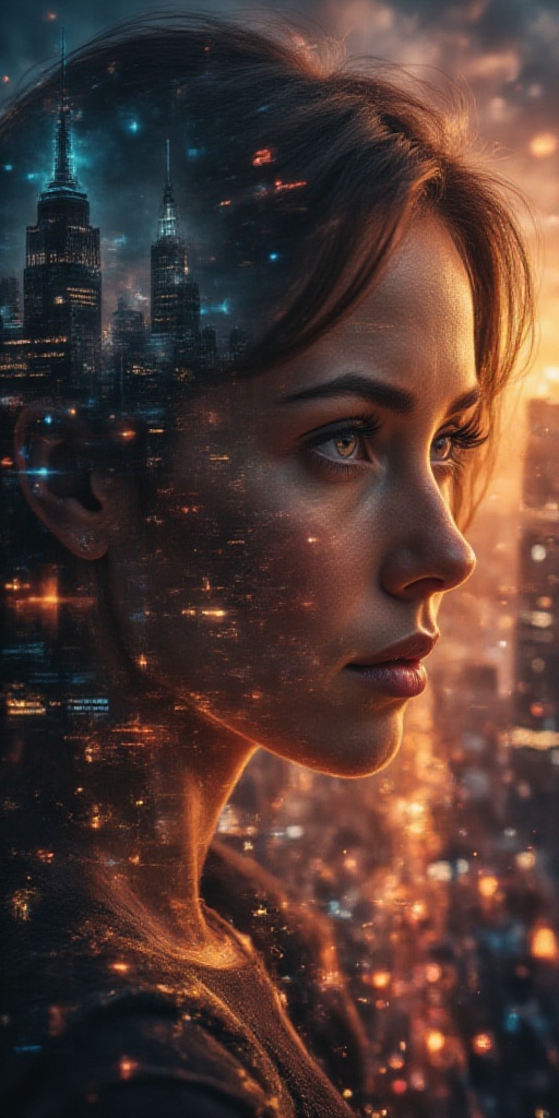 Cityscape silhouette at dusk,  towering modern skyscrapers,  vibrant urban lights illuminating bustling streets on Tensor.Art