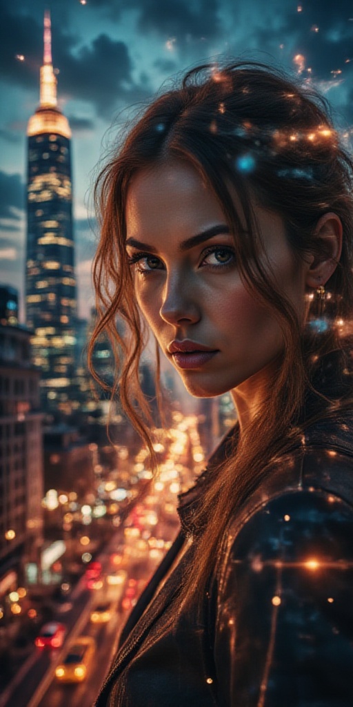 Cityscape silhouette at dusk,  towering modern skyscrapers,  vibrant urban lights illuminating bustling streets on Tensor.Art