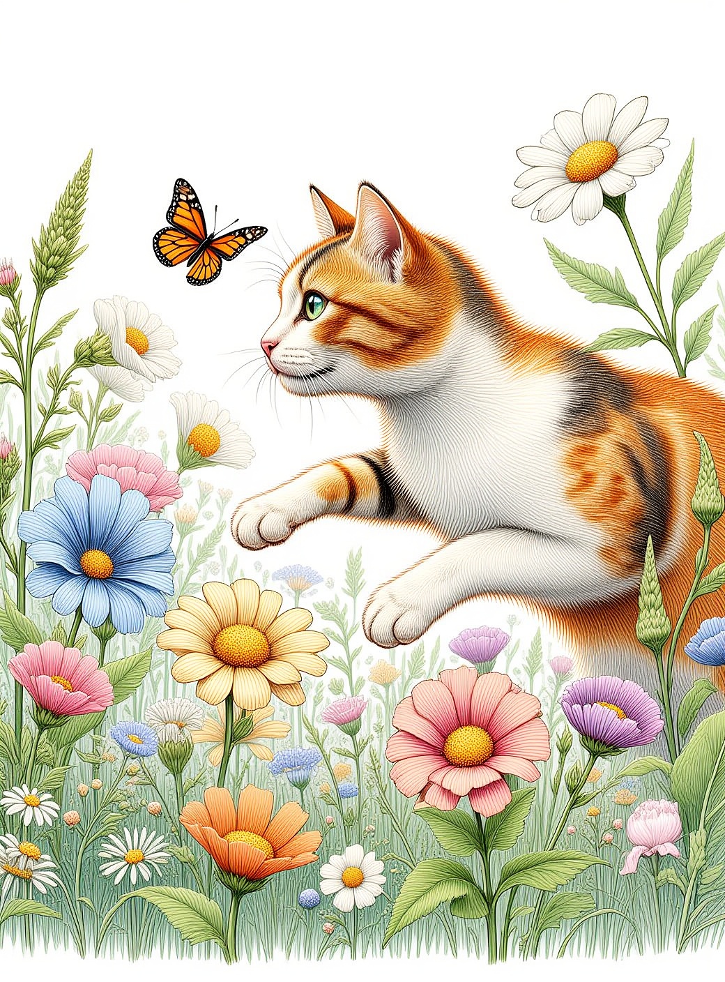 A cat mid-pounce towards a fluttering butterfly in a garden,  detailed illustration on Tensor.Art