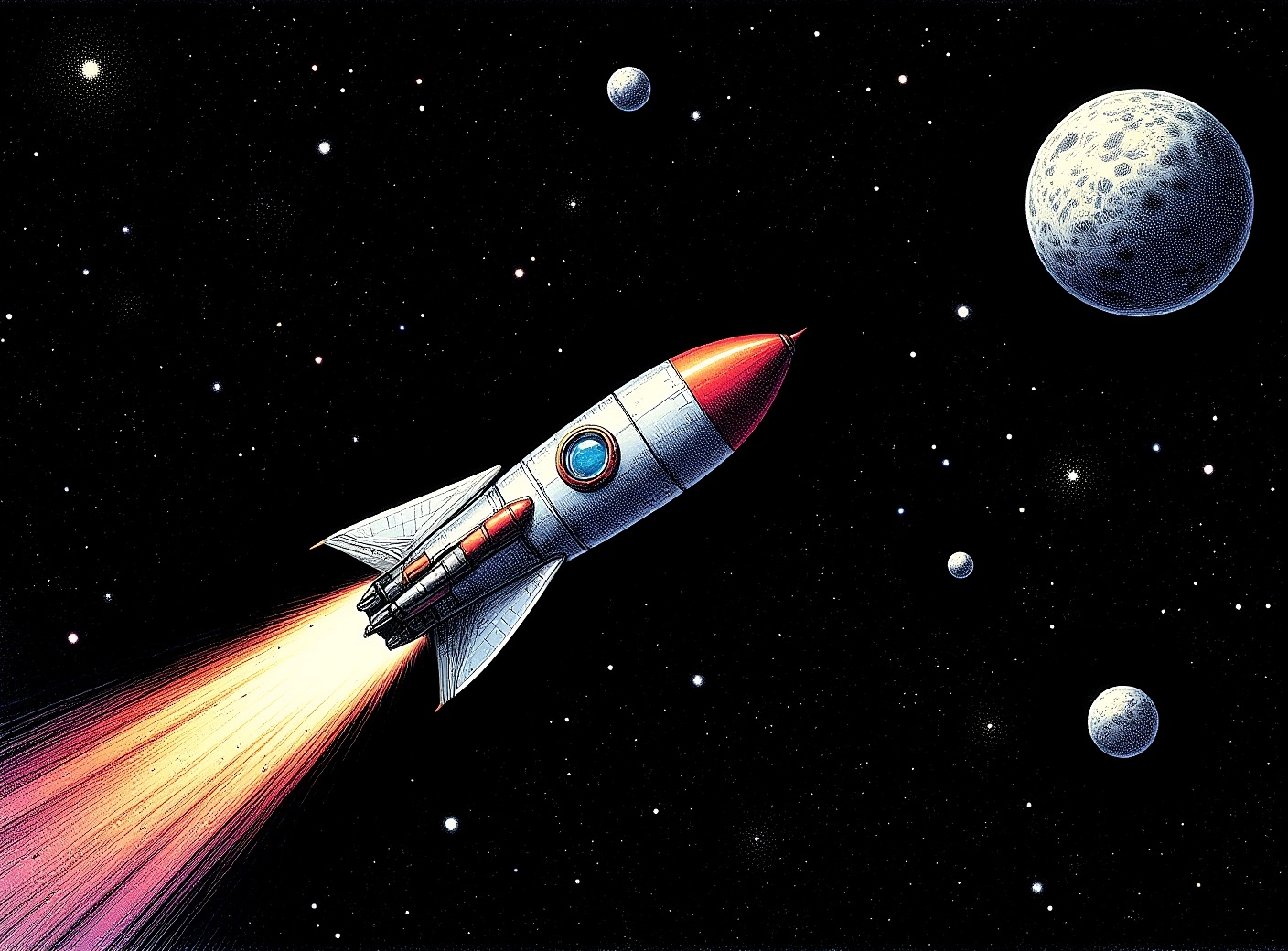 rocket ship passing a comet in otherwise empty blackness of space,  detailed illustration on Tensor.Art