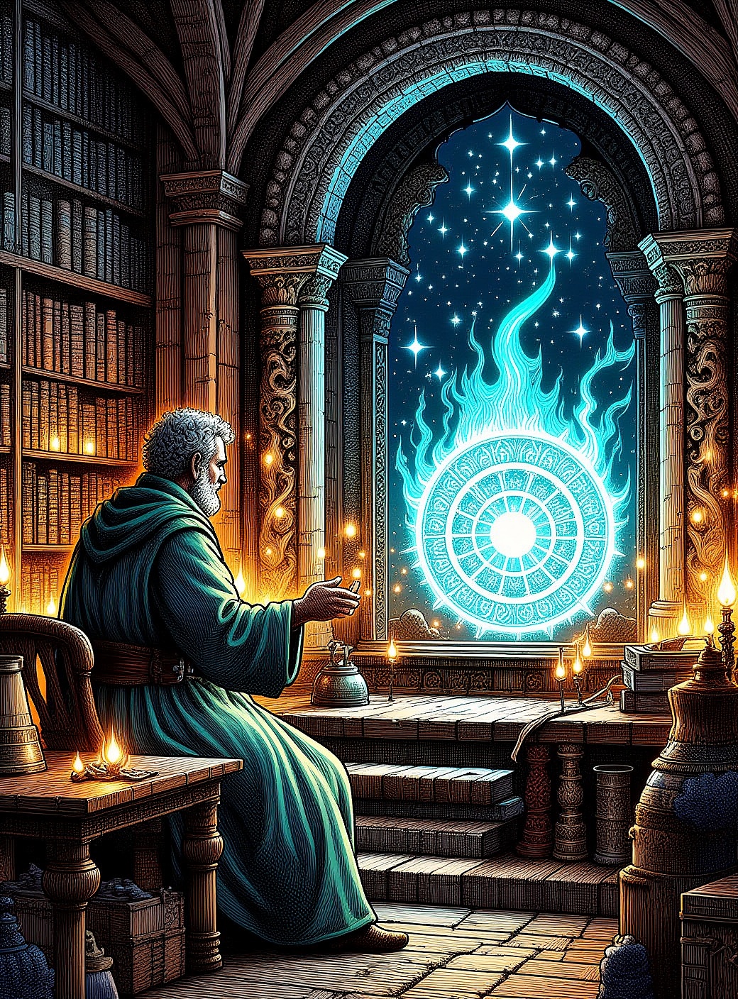 a magician in his stone and wood library casting magic spells for a summoning portal. Magical glowing energies abound. Det...