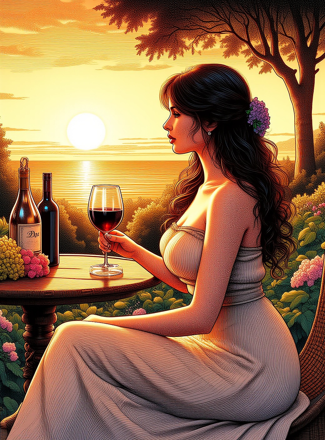 a beautiful model with a glass of wine outdoor scene with a setting sun,  detailed illustration on Tensor.Art