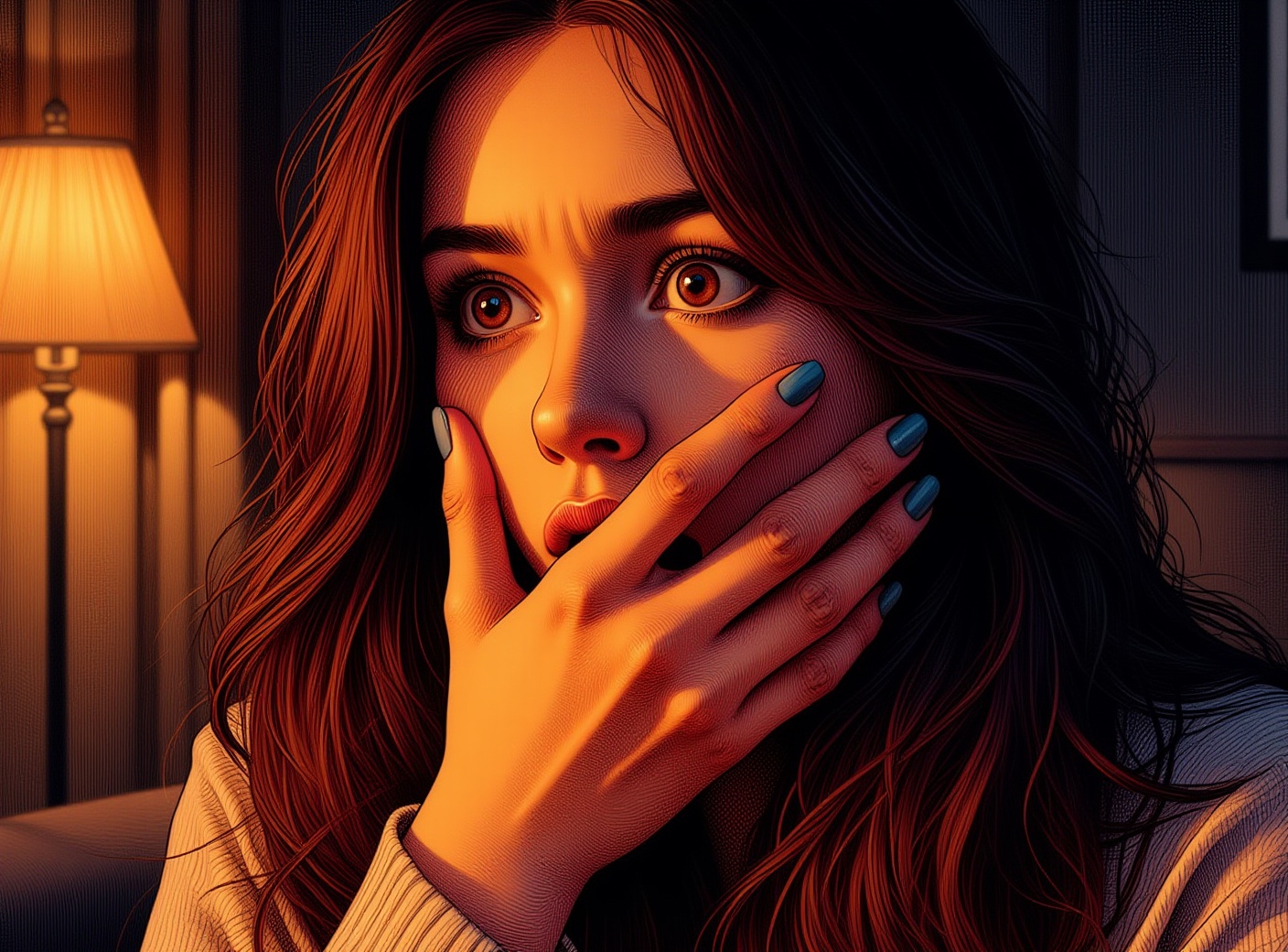 Closeup portrait of a shocked young woman holding her hand to her mouth. Sunset light indoors before. Moody detailed illus...