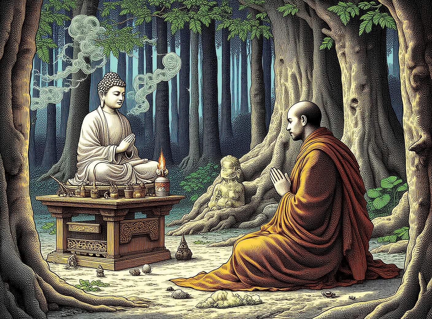 a monk in prayer at a small forest shrine with incense and statue of buddha,  detailed illustration on Tensor.Art