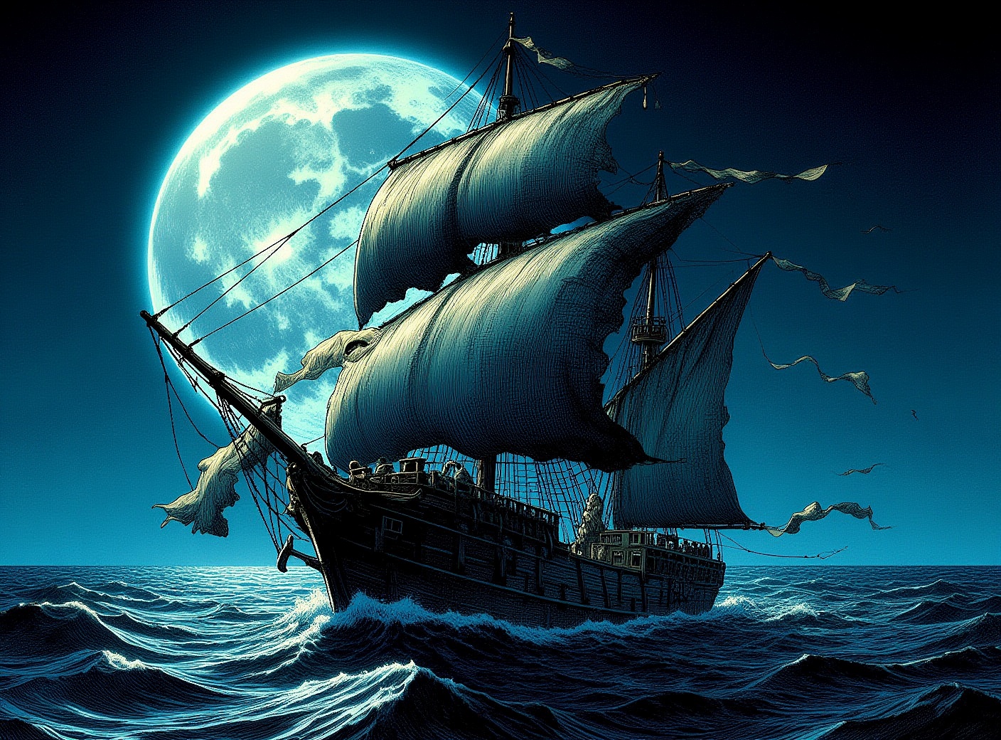 A ghost ship adrift in a moonlit sea,  its tattered sails fluttering and flapping,  detailed illustration on Tensor.Art
