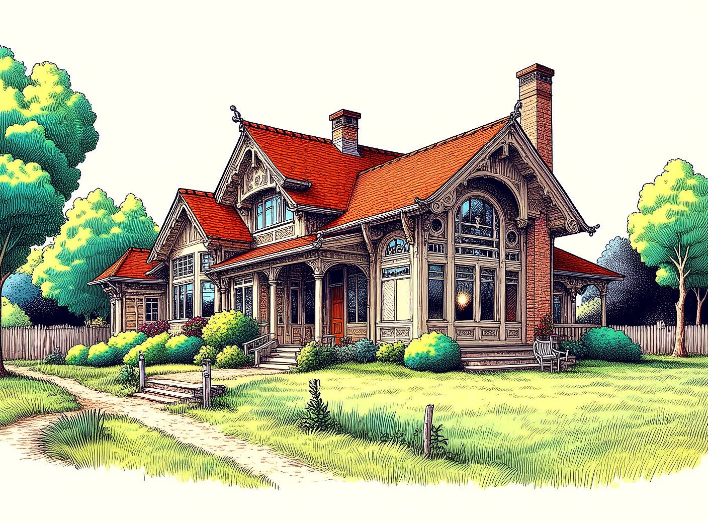 architectural study of an art nouveau concept for a house in the country,  ink drawing with vibrant cel-shaded coloring on...