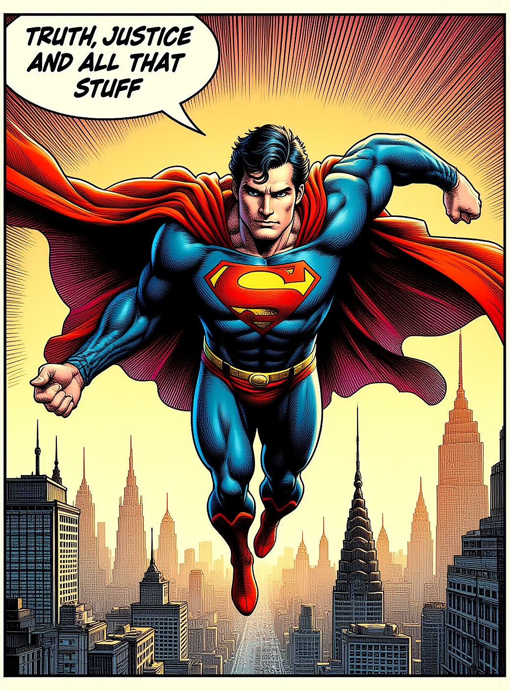 a retro comic illustration of superman with speech bubble "Truth Justice and all that stuff" striking a bold pose flying a...