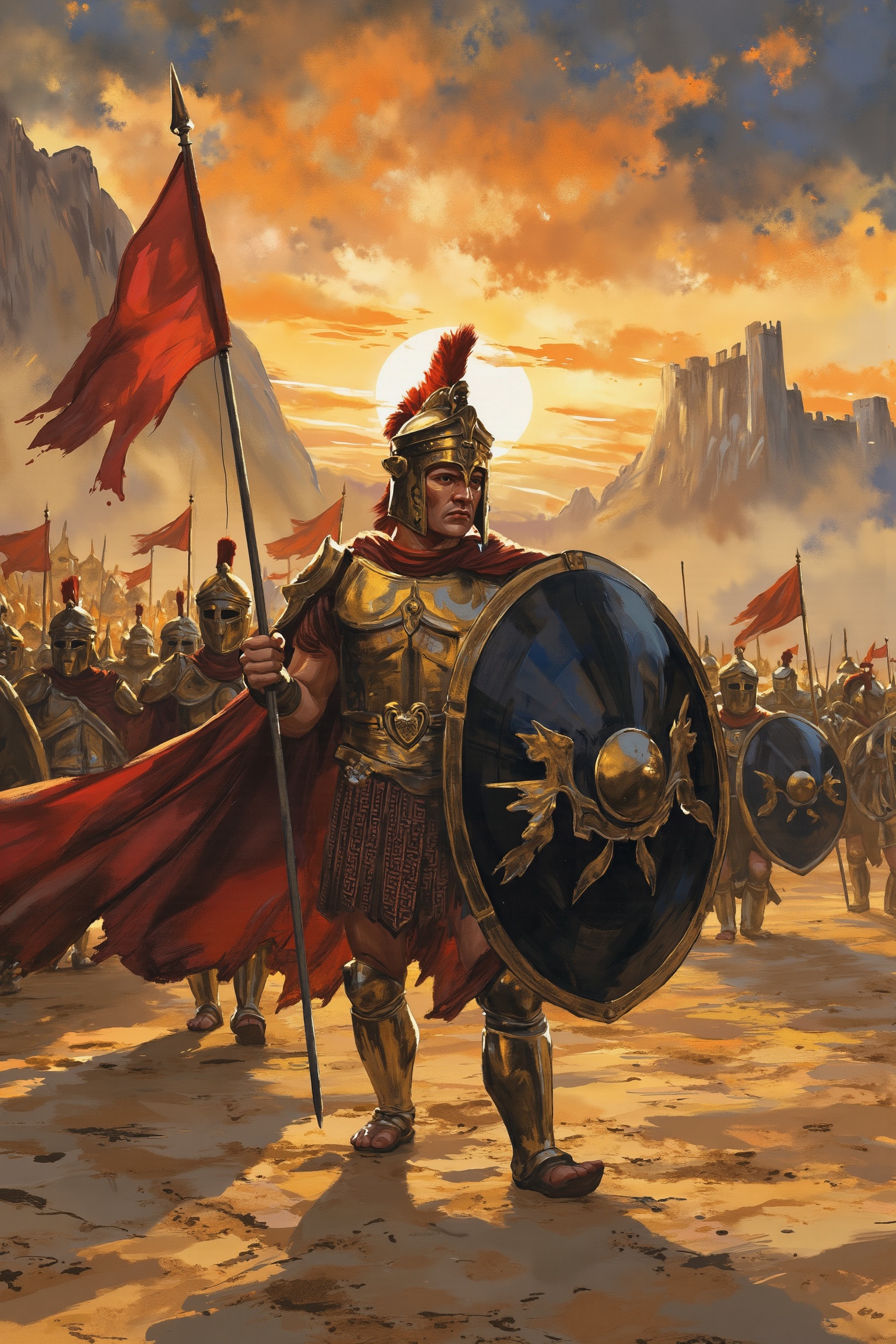 Wcol style. Fantasy. An illustration-style depiction of a row of armored Spartan soldiers standing on the front lines,  th...