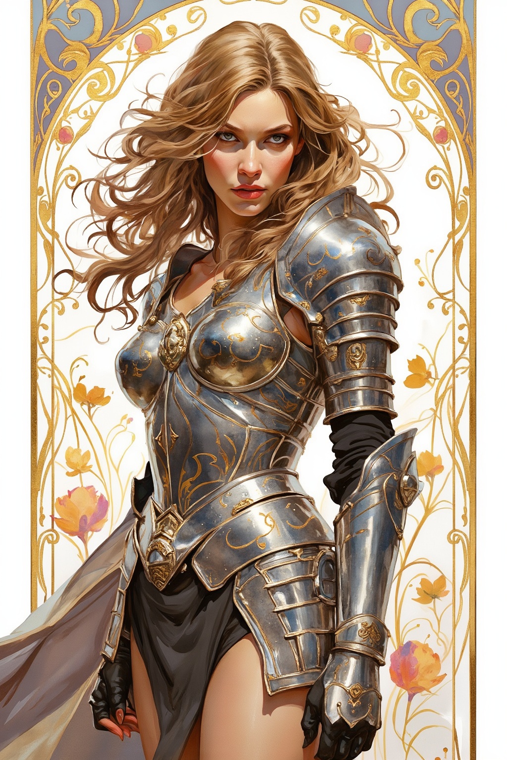 Wcol style. A striking portrait of a beautiful young warrior woman,  wearing intricate yet revealing armor,  standing conf...