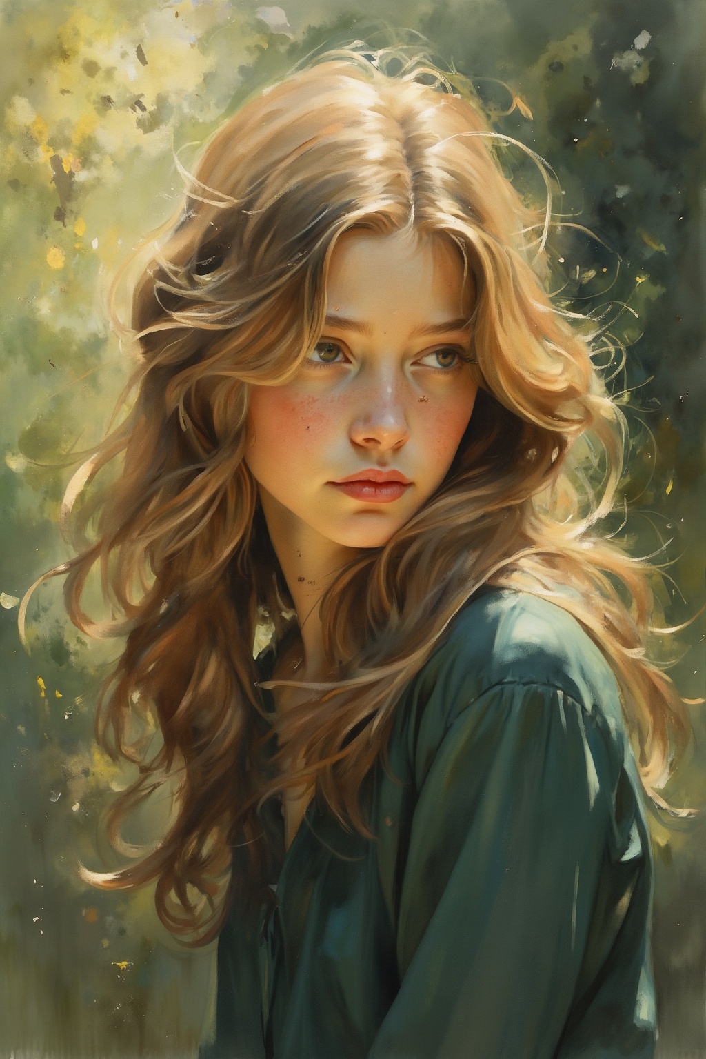Wcol style. A portrait of an early teenage girl with soft,  flowing hair. Her expression is thoughtful,  gazing slightly a...