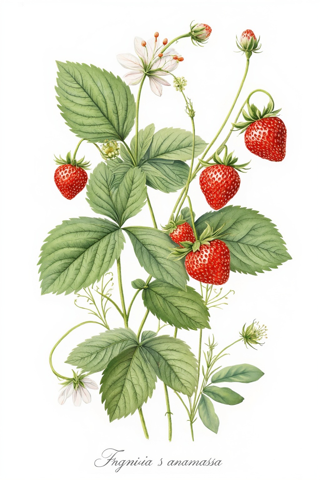 Wcol style. A botanical illustration of a strawberry plant,  with lush green leaves and delicate white flowers in full blo...