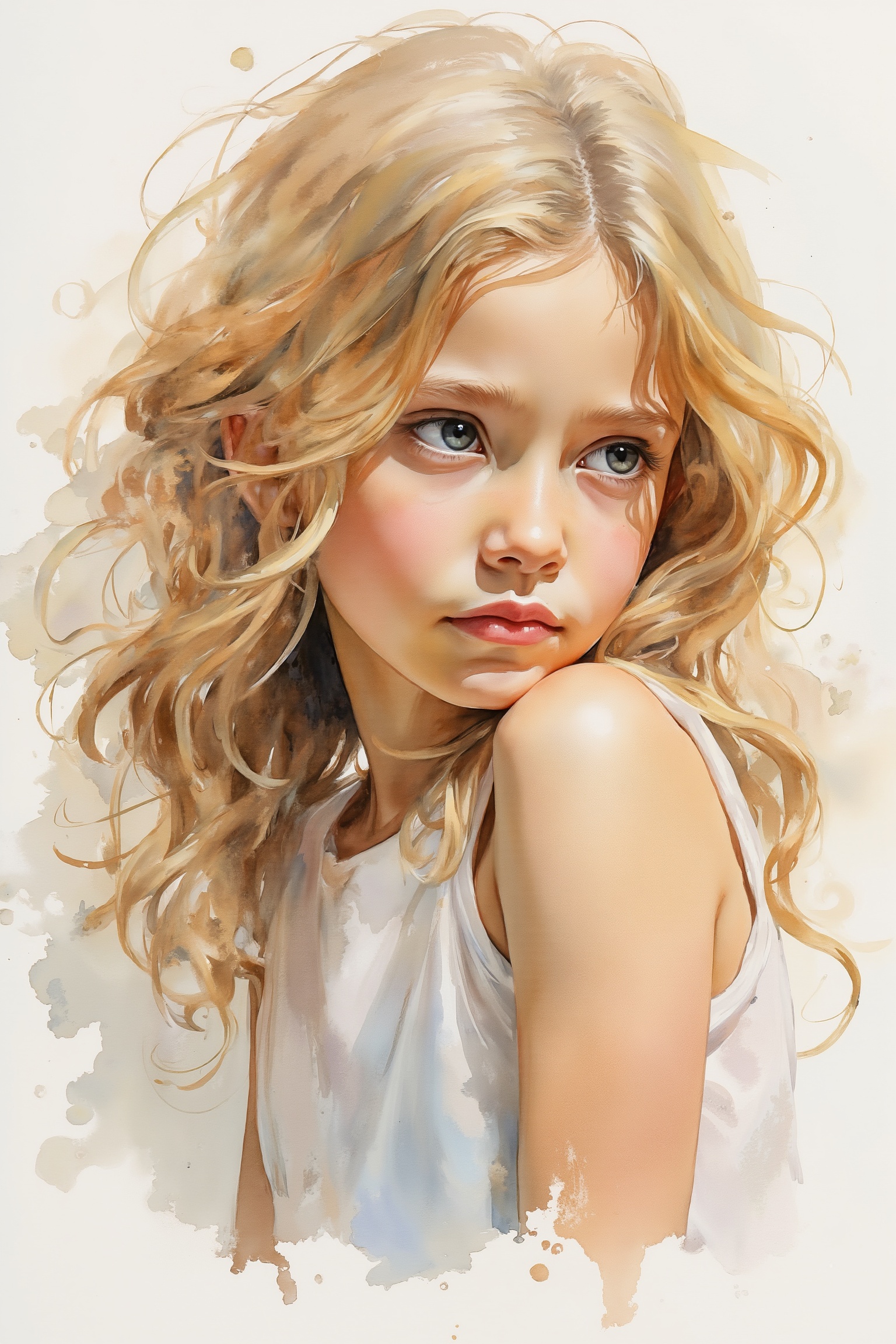 Wcol style. Abstract. A portrait of a 13 year old girl with blonde wavy hair. She has a pondering and dreamy expression. F...