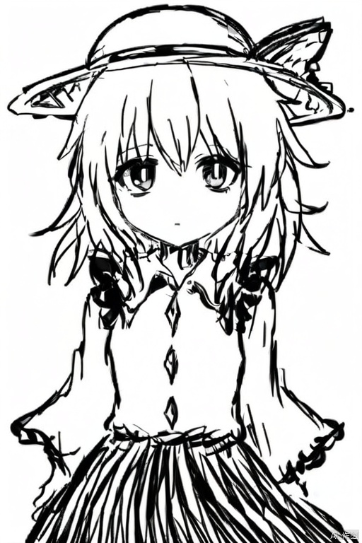 ,simple background,white background,greyscale,black and white line drawing,lineart,1girl,white hair,third_eye,white shirt,white_hat,frilled_sleeves,frilled_shirt_collar,wide_sleeves,hat_bow,dark_blue_skirt