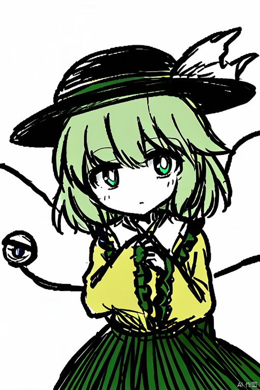 ,simple background,white background,greyscale,black and white line drawing,lineart,komeiji_koishi, 1girl, third_eye, yellow_shirt, black_hat, green_hair, frilled_sleeves, highres, frilled_shirt_collar, wide_sleeves, hat_bow, green_eyes, green_skirt, heart_of_string, yellow_bow, hat_ribbon,  diamond_button, yellow_ribbon, eyeball