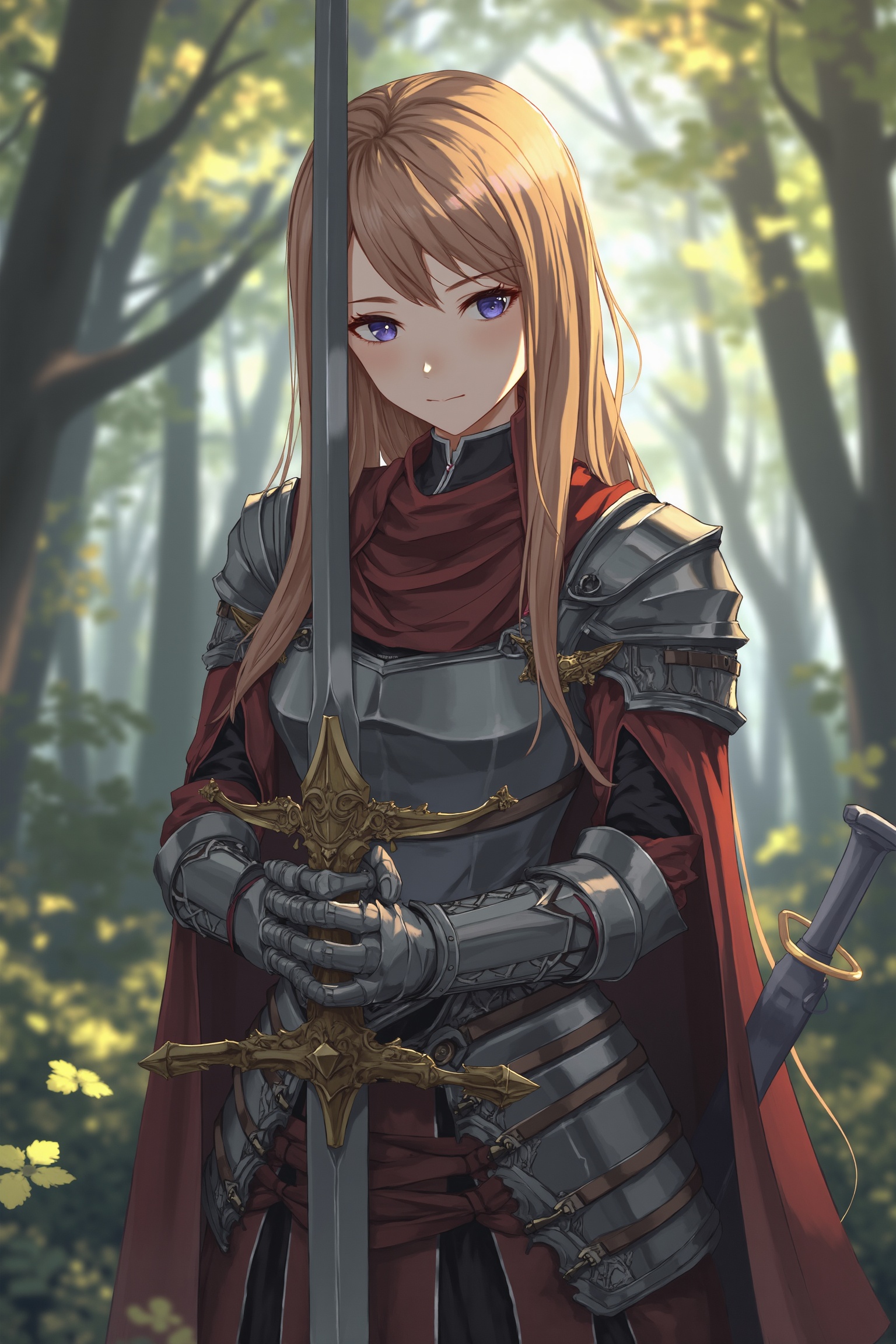 Realistic anime style,  a woman dressed in detailed medieval attire,  holding a sword on Tensor.Art