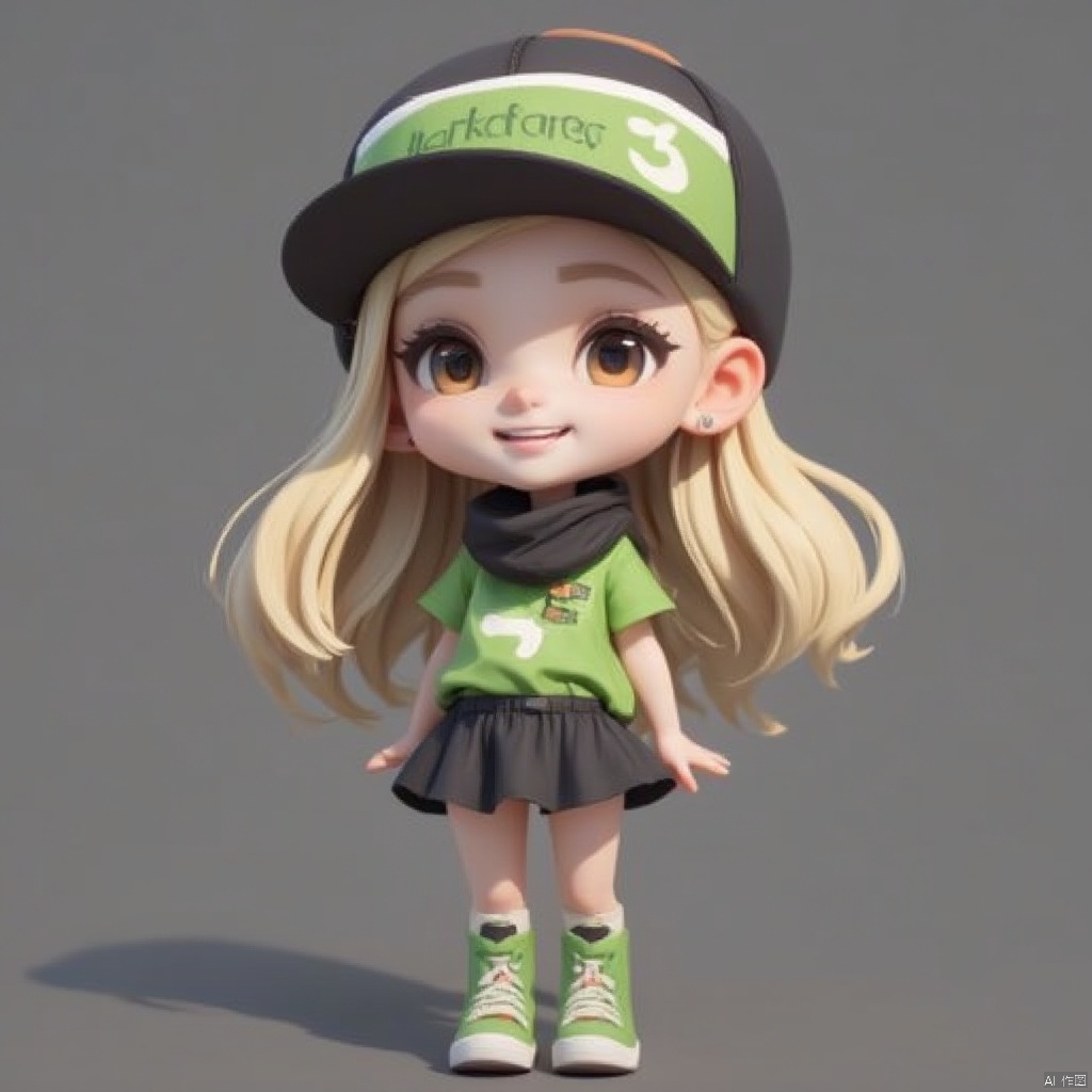 Doll blind box,a cartoon girl with long blonde hair is standing on a gray surface.,She is wearing a green and black cap,a black scarf around her neck,a green t-shirt,and a black skirt with a white logo on it. Her boots are green with orange laces. The ,background is a solid gray color.