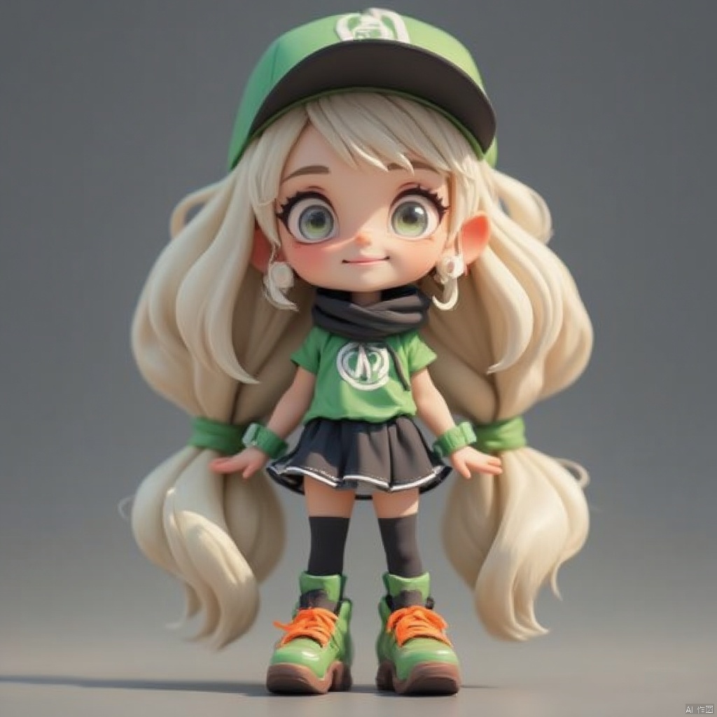 Doll blind box,a cartoon girl with long blonde hair is standing on a gray surface.,She is wearing a green and black cap,a black scarf around her neck,a green t-shirt,and a black skirt with a white logo on it. Her boots are green with orange laces. The ,background is a solid gray color.