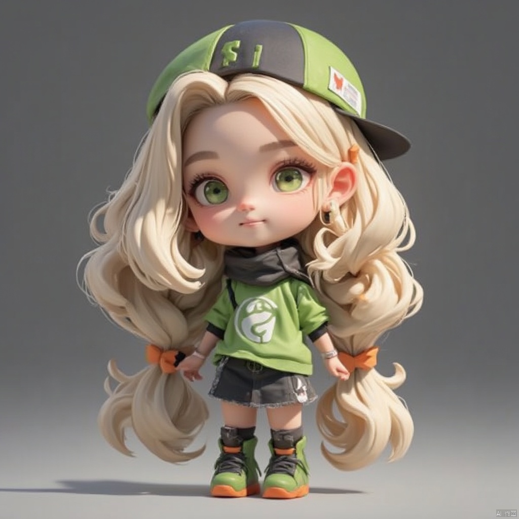 Doll blind box,a cartoon girl with long blonde hair is standing on a gray surface.,She is wearing a green and black cap,a black scarf around her neck,a green t-shirt,and a black skirt with a white logo on it. Her boots are green with orange laces. The ,background is a solid gray color.