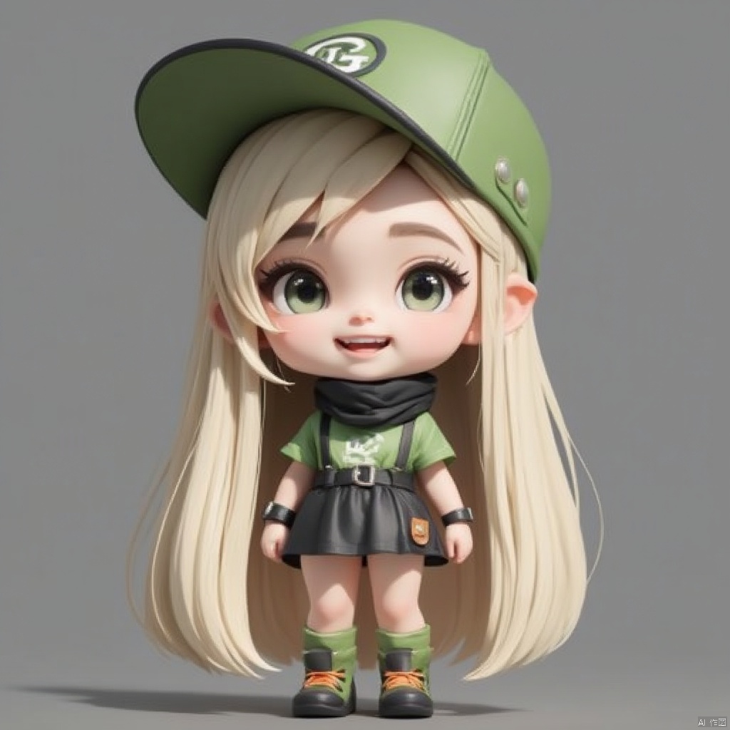 Doll blind box,a cartoon girl with long blonde hair is standing on a gray surface.,She is wearing a green and black cap,a black scarf around her neck,a green t-shirt,and a black skirt with a white logo on it. Her boots are green with orange laces. The ,background is a solid gray color.