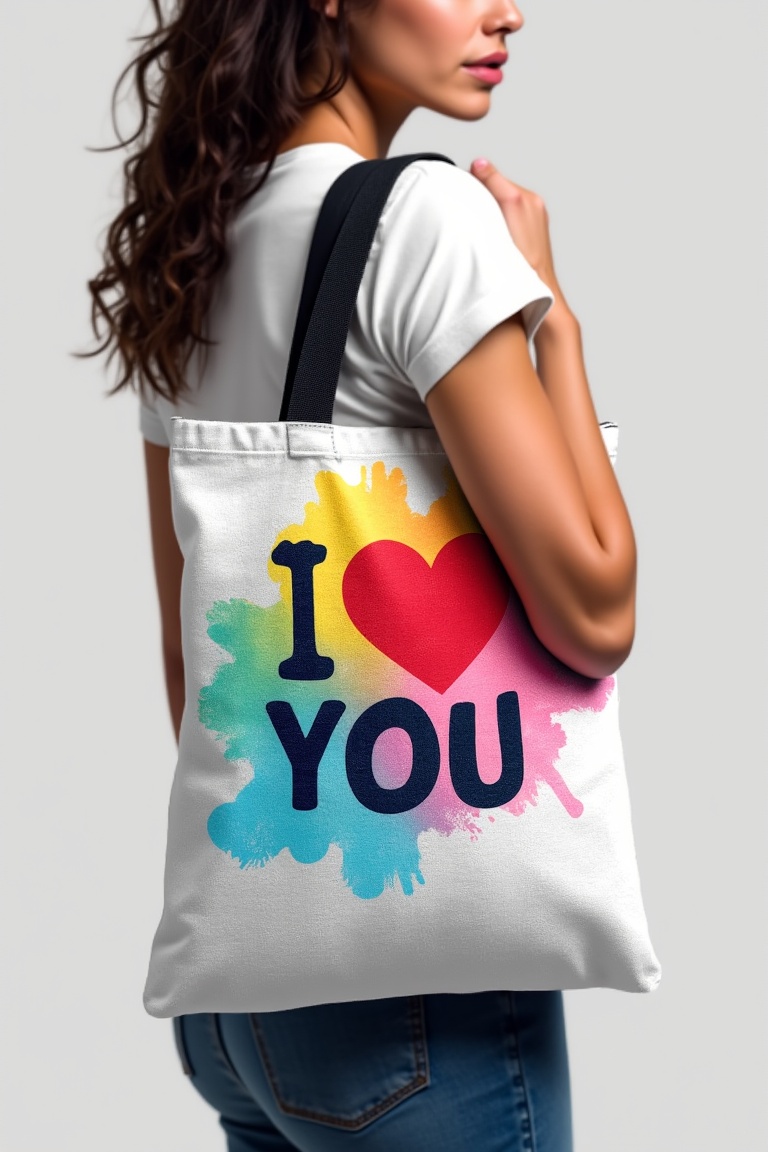 A mock-up of a T-shirt merged onto a tote bag,  featuring a vibrant splash of color with a love symbol. The text I LOVE YO...