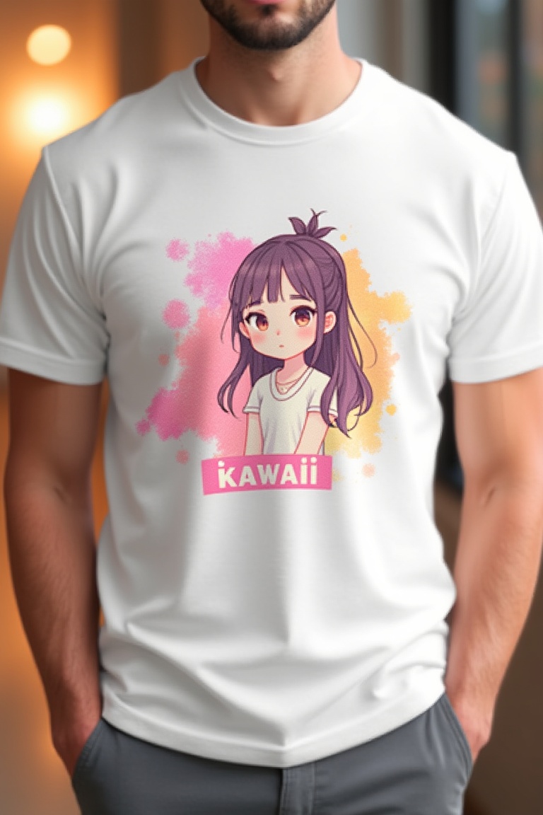 A mock-up of a white T-shirt worn by a man,  featuring an anime-style painting in niji style. The shirt displays a kawaii...