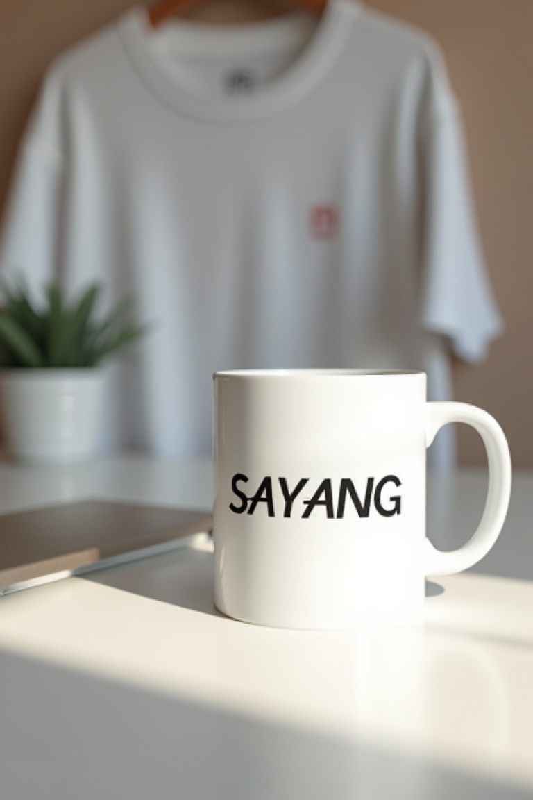 A mock-up of a T-shirt with the text SAYANG prominently displayed on a mug placed on a table. The T-shirt is white with a...