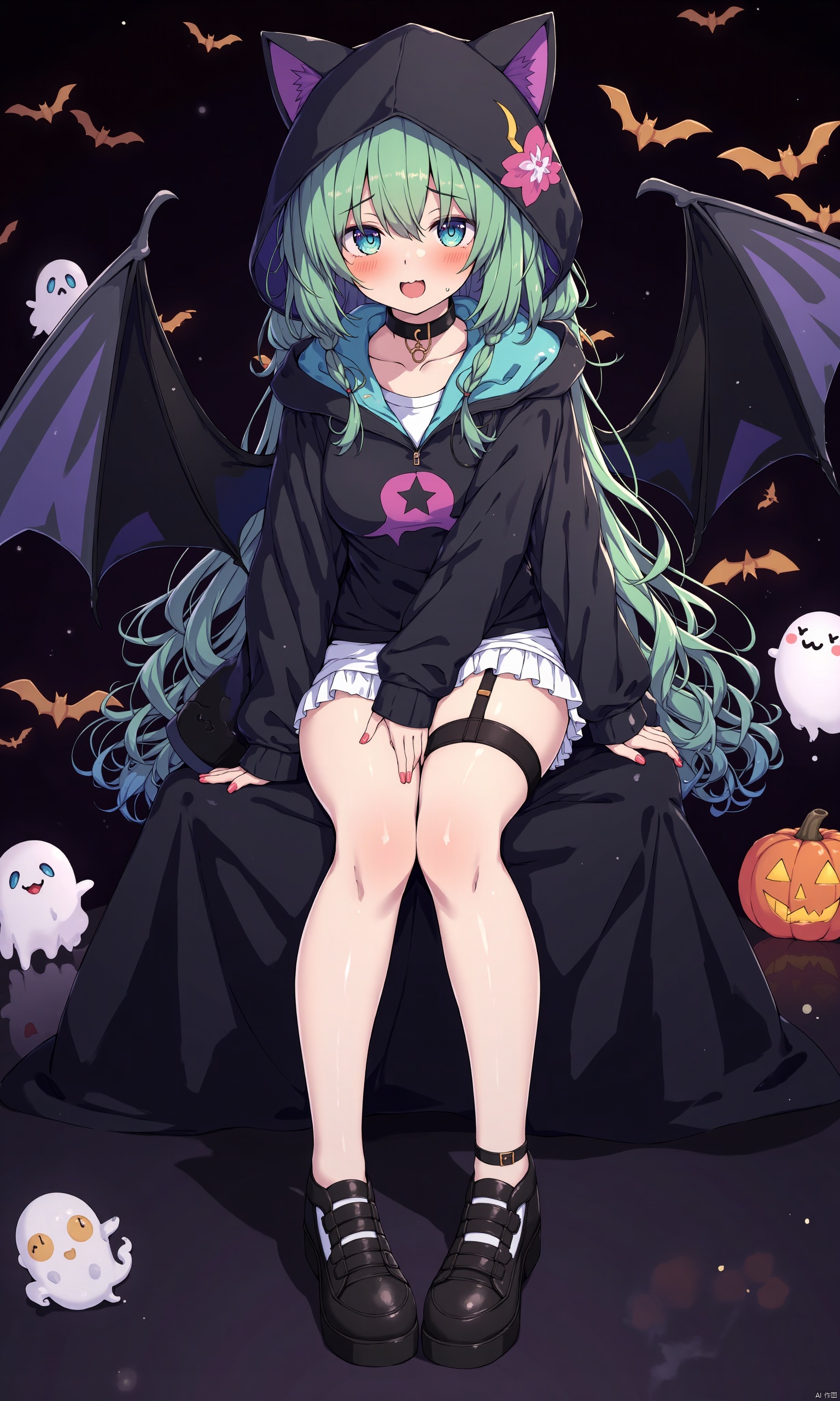 1girl, 

cute cat ears girl, small black bat wings, background filled with Halloween decorations, Halloween black bats, black background, sitting, ghost girl, star (symbol), multiple views, cat ears, black hood, black thighhighs, animal ears, blue eyes, hoodie, hood, hood up, black choker, green hair, open mouth, choker, black sleeves, sitting, black footwear, fangs, blush, thighhighs, alternate costume, green hoodie, wings,

masterpiece, newest, absurdres, safe