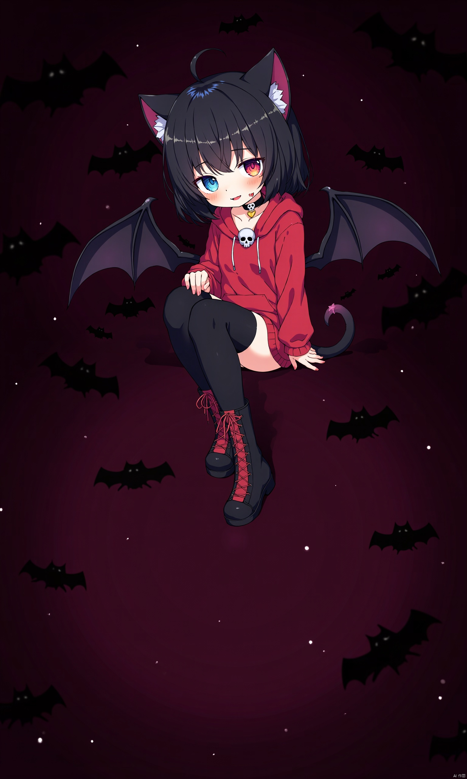 1girl, 

cute cat ears girl, small black bat wings, background filled with Halloween decorations, Halloween black bats, black background, sitting, cat girl, animal ears, chibi, black thighhighs, looking at viewer, blue eyes, crossed legs, skull ornament, hoodie, white skin, boots, hood, black choker, long hair, open mouth, heterochromia, heart (organ), tail, long sleeves, black tail, choker, colored skin, red eyes, black hair, smile, black footwear, head tilt, demon tail, red footwear, heart, thighhighs, blush, red hoodie, english text, full body, solo, collarbone, cross-laced footwear, lace-up boots, wings,

masterpiece, newest, absurdres, safe