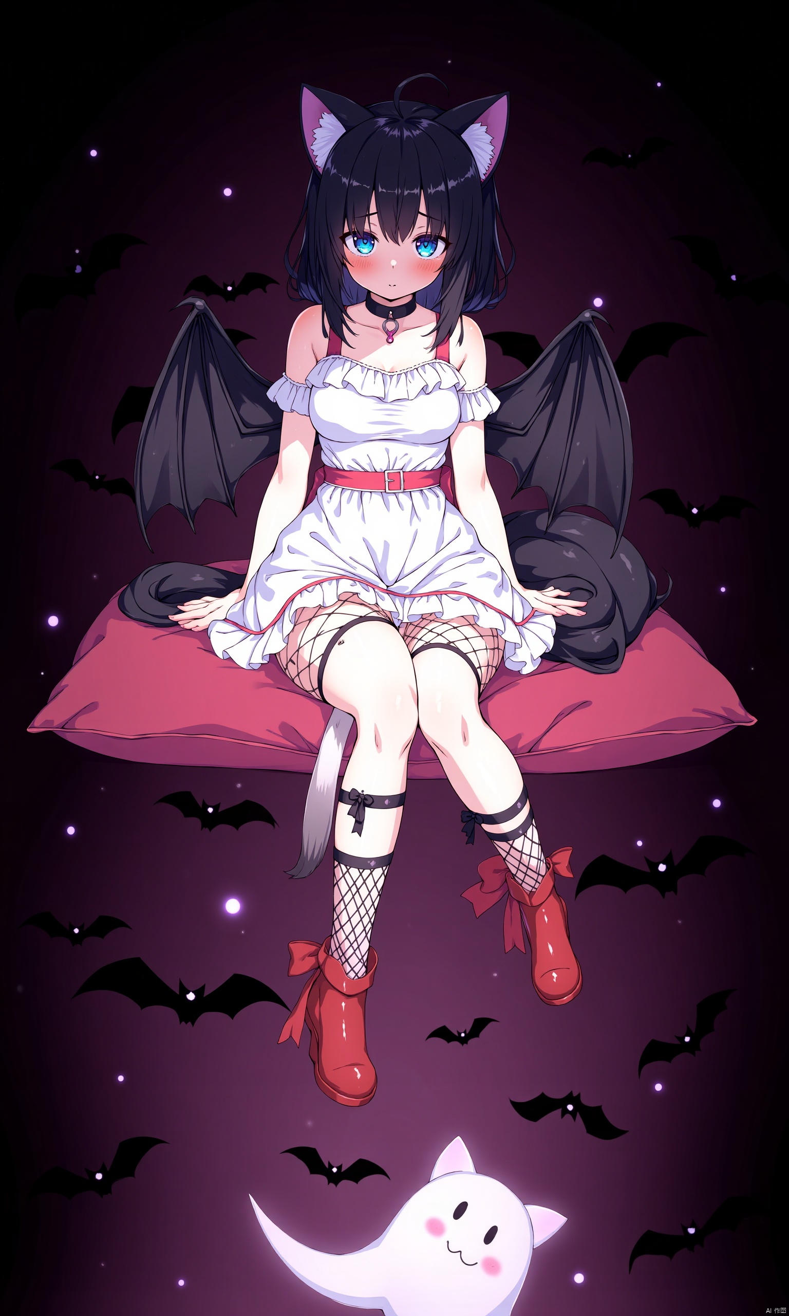 1girl, 

cute cat ears girl, small black bat wings, background filled with Halloween decorations, Halloween black bats, black background, sitting, cushion, head wings, blunt ends, animal ears, dress, white dress, fishnet thighhighs, expressionless, blue eyes, demon wings, boots, ghost, animal ear fluff, black choker, extra ears, detached collar, tail, red trim, choker, pointy ears, fishnets, sitting, black hair, cat's cradle, red footwear, knee boots, short dress, spikes, thighhighs, blush, closed mouth, solo, bat ears, wings,

masterpiece, newest, absurdres, safe