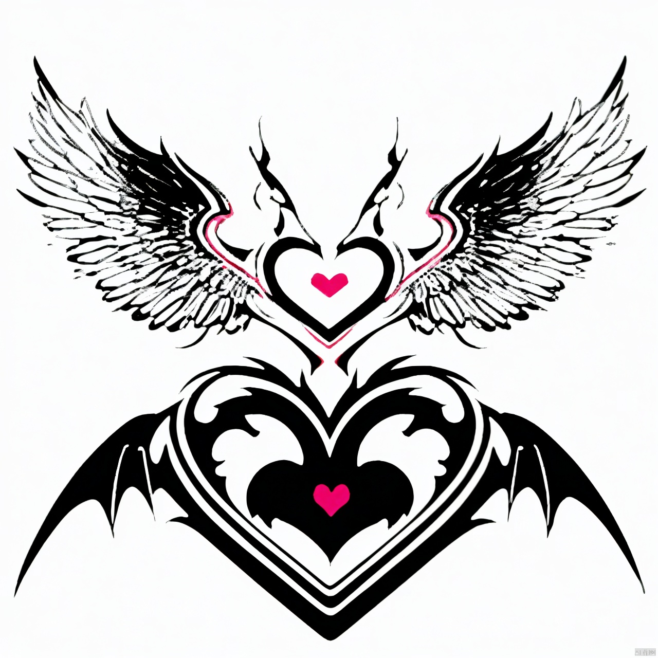1girl, solo, simple background, white background, monochrome, heart, wings, no humans, traditional media,qfl,Emblem pattern