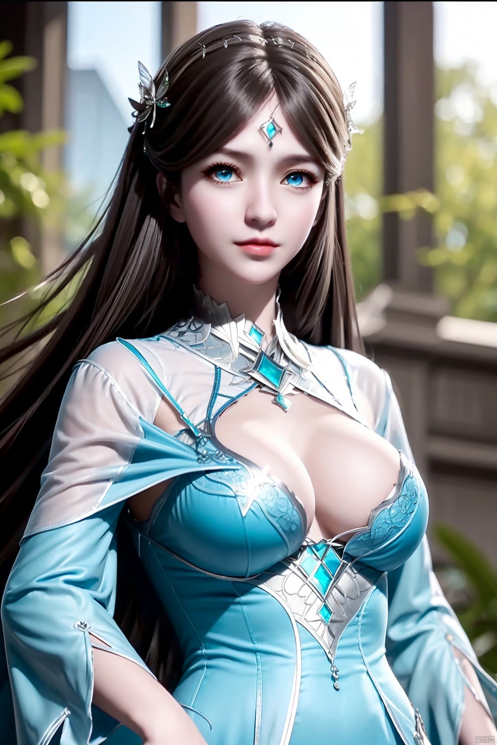 提示
1girl, long hair, dress, blue eyes, hair ornament, solo, brown hair, upper body, blue dress, breasts, blurry background, looking at viewer,