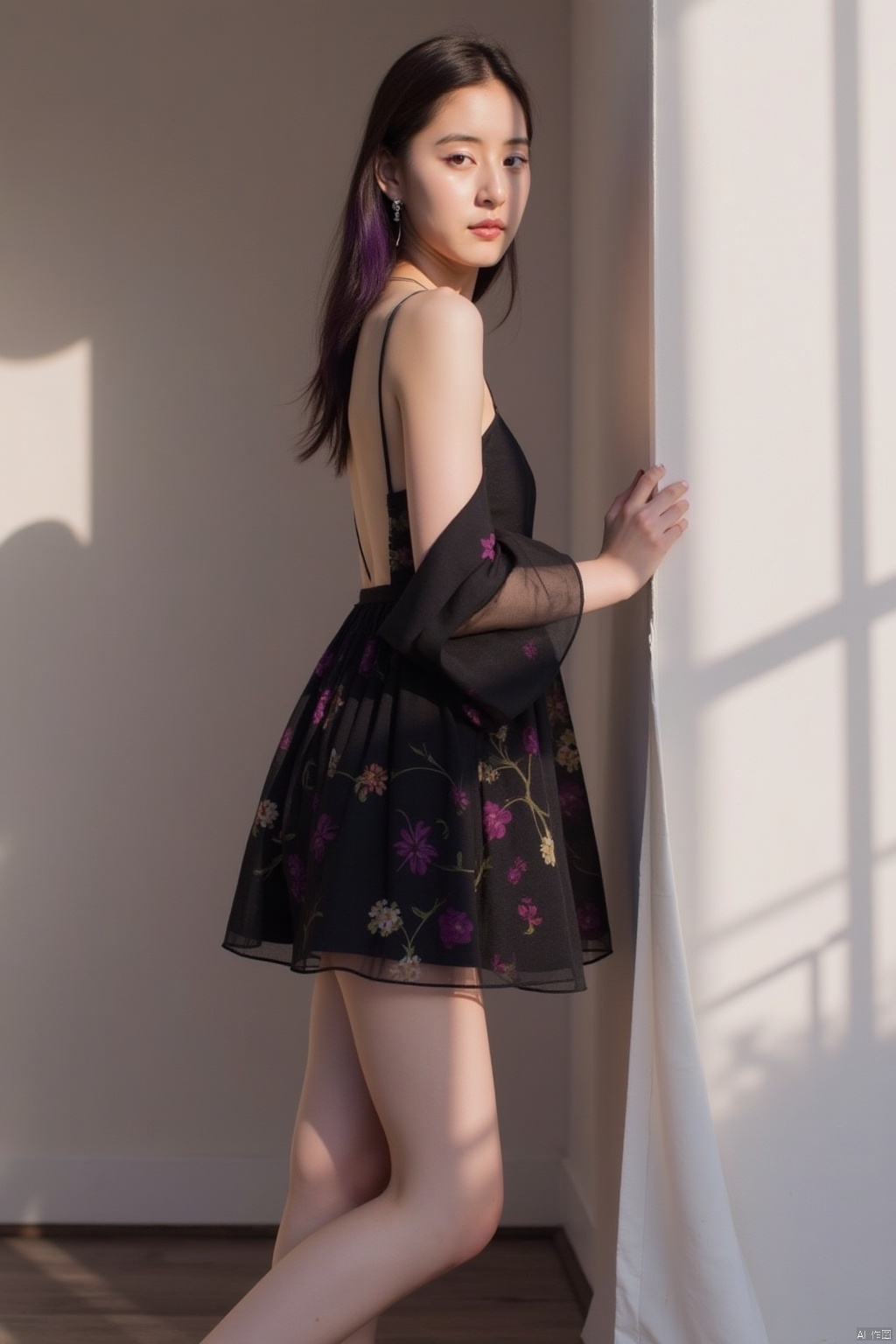 1girl, solo, long hair, looking at viewer, dress, bare shoulders, jewelry, standing, purple eyes, full body, purple hair, earrings, indoors, black dress, high heels, from side, shadow, floral print, standing on one leg