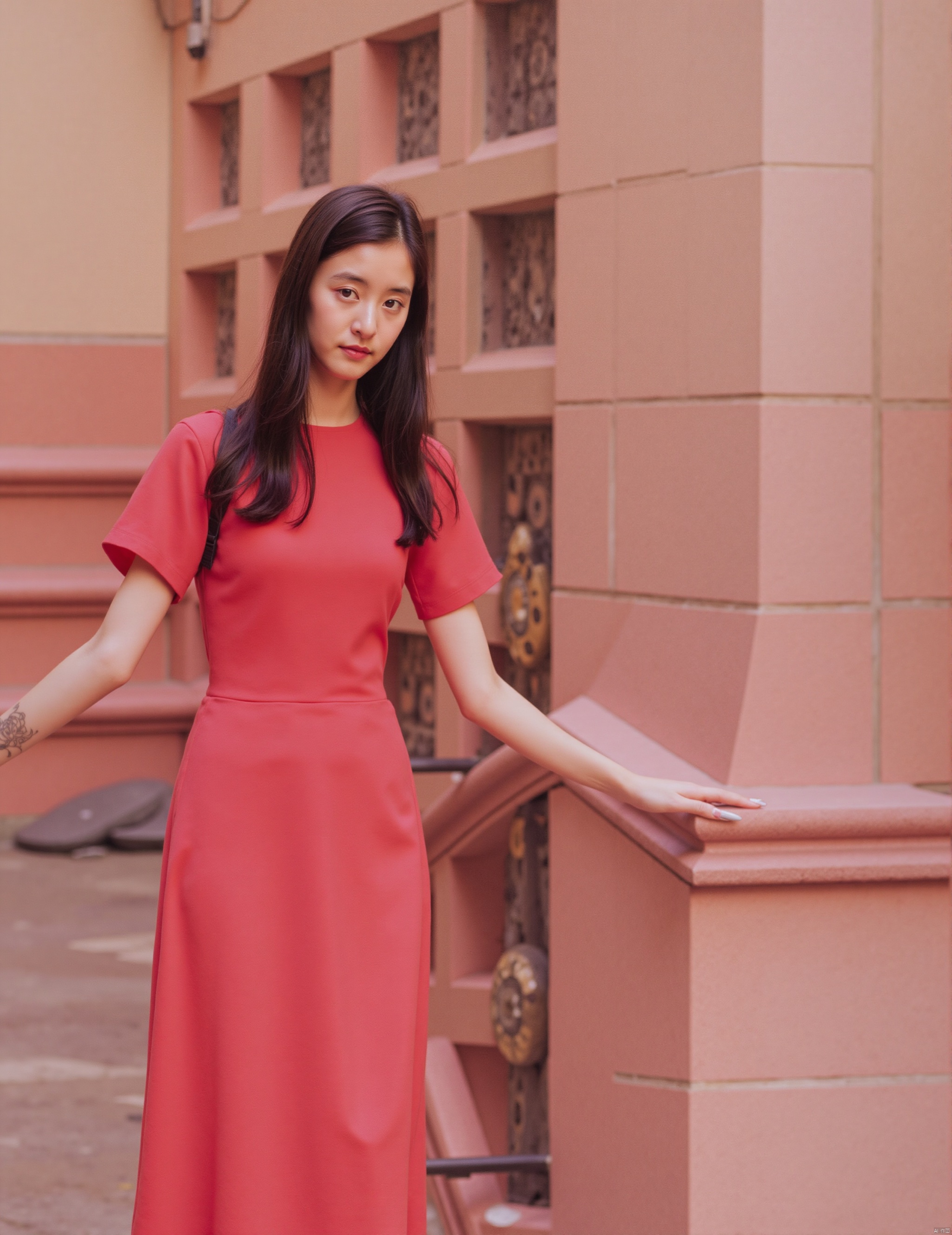1girl, solo, long hair, looking at viewer, brown hair, black hair, dress, sitting, short sleeves, outdoors, day, shadow, red dress, stairs, photo background
