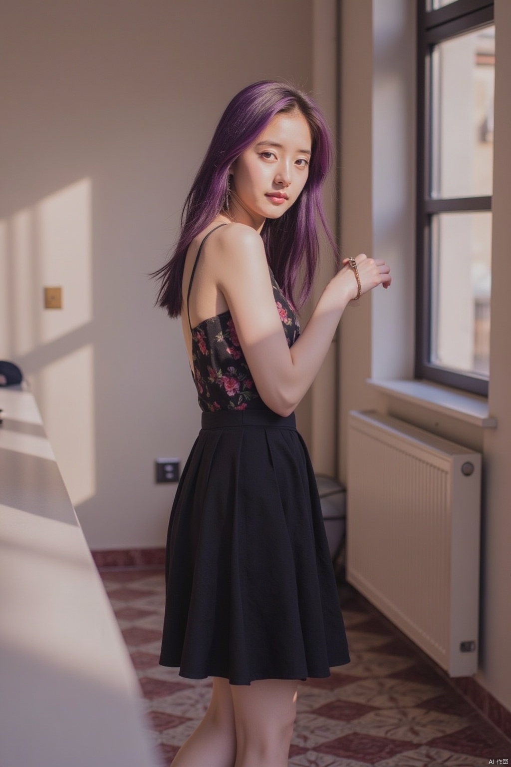1girl, solo, long hair, looking at viewer, dress, bare shoulders, jewelry, standing, purple eyes, full body, purple hair, earrings, indoors, black dress, high heels, from side, shadow, floral print, standing on one leg